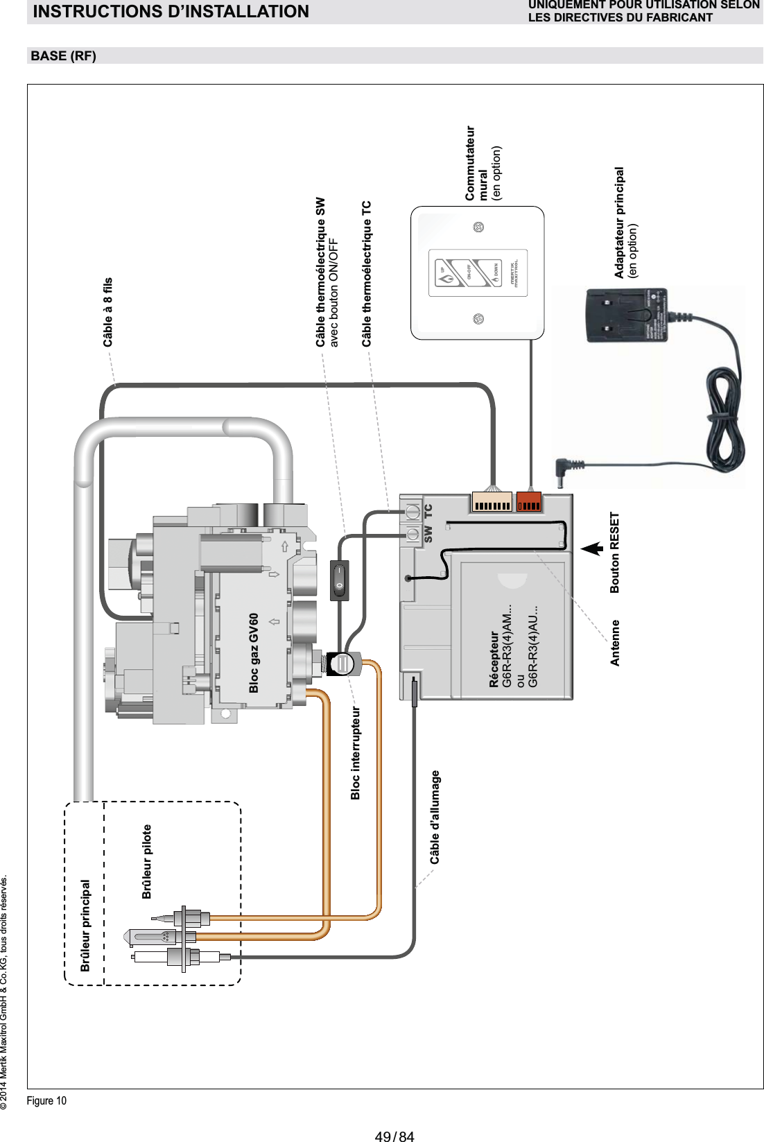 49 / 84© 2014 Mertik Maxitrol GmbH &amp; Co. KG, tous droits réservés.FRANCAISON-OFFUPDOWNFigure 10BASE (RF)Brûleur principalBloc gaz GV60Commutateur mural(en option)RécepteurG6R-R3(4)AM...ouG6R-R3(4)AU...Câble thermoélectrique SWavec bouton ON/OFFCâble thermoélectrique TCBloc interrupteur Bouton RESET Adaptateur principal (en option)Câble d’allumageINSTRUCTIONS D’INSTALLATION UNIQUEMENT POUR UTILISATION SELONLES DIRECTIVES DU FABRICANTBrûleur piloteAntenne