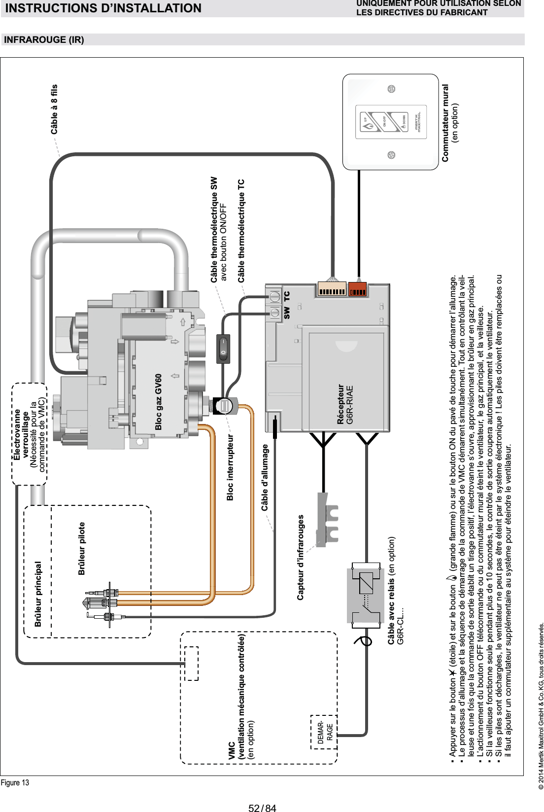 52 / 84© 2014 Mertik Maxitrol GmbH &amp; Co. KG, tous droits réservés.FRANCAIS ON-OFFUPDOWNFigure 13DEMAR-RAGEÉlectrovanneverrouillage(Nécessité pour la commande de VMC)Capteur d’infrarougesCommutateur mural(en option)VMC (ventilation mécanique contrôlée) (en option)RécepteurG6R-RIAECâble avec relais (en option)G6R-CL...Câble thermoélectrique SW avec bouton ON/OFFCâble thermoélectrique TCBloc interrupteurCâble d’allumage  (étoile) et sur le bouton   -il faut ajouter un commutateur supplémentaire au système pour éteindre le ventilateur.INSTRUCTIONS D’INSTALLATION UNIQUEMENT POUR UTILISATION SELONLES DIRECTIVES DU FABRICANTINFRAROUGE (IR)Brûleur principalBrûleur piloteBloc gaz GV60