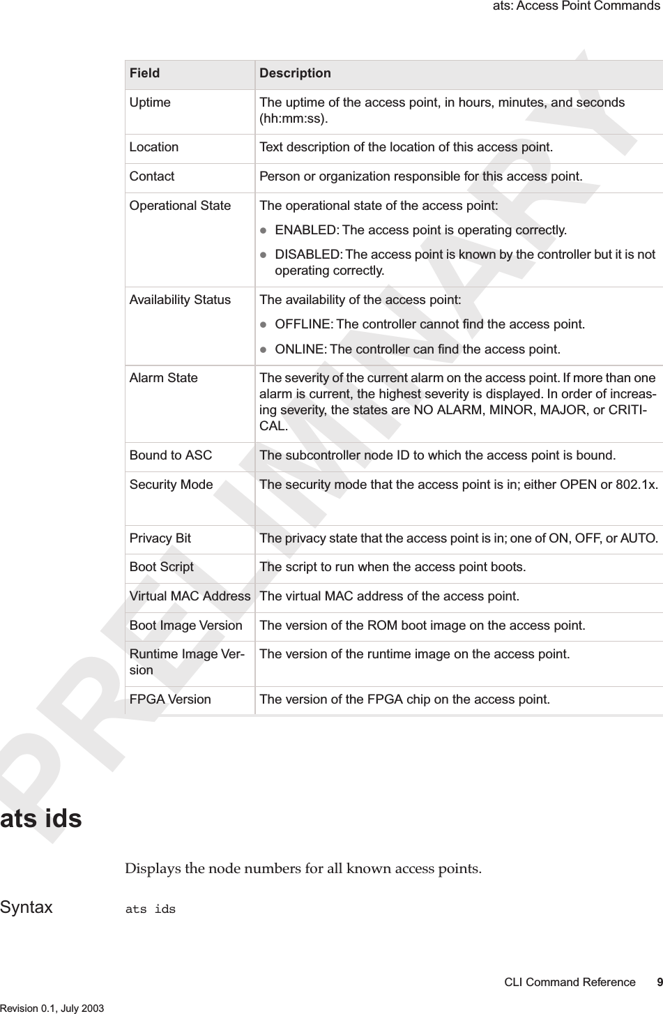 PRELIMINARYCLI Command Reference 9 Revision 0.1, July 2003 ats: Access Point Commands ats ids Displays the node numbers for all known access points.Syntax ats idsUptime The uptime of the access point, in hours, minutes, and seconds (hh:mm:ss). Location Text description of the location of this access point.Contact Person or organization responsible for this access point.Operational State The operational state of the access point: ENABLED: The access point is operating correctly.DISABLED: The access point is known by the controller but it is not operating correctly.Availability Status The availability of the access point: OFFLINE: The controller cannot ﬁnd the access point.ONLINE: The controller can ﬁnd the access point.Alarm State The severity of the current alarm on the access point. If more than one alarm is current, the highest severity is displayed. In order of increas-ing severity, the states are NO ALARM, MINOR, MAJOR, or CRITI-CAL.Bound to ASC The subcontroller node ID to which the access point is bound.  Security Mode The security mode that the access point is in; either OPEN or 802.1x. Privacy Bit The privacy state that the access point is in; one of ON, OFF, or AUTO.Boot Script The script to run when the access point boots.Virtual MAC Address The virtual MAC address of the access point.Boot Image Version The version of the ROM boot image on the access point.Runtime Image Ver-sionThe version of the runtime image on the access point.FPGA Version The version of the FPGA chip on the access point.Field Description