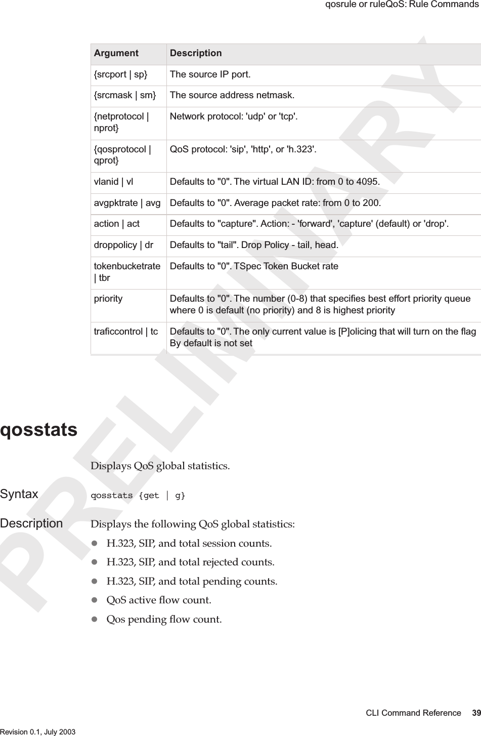 PRELIMINARYCLI Command Reference 39 Revision 0.1, July 2003 qosrule or ruleQoS: Rule Commands qosstats Displays QoS global statistics.Syntax qosstats {get | g} Description Displays the following QoS global statistics:H.323, SIP, and total session counts.H.323, SIP, and total rejected counts.H.323, SIP, and total pending counts.QoS active ﬂow count.Qos pending ﬂow count.{srcport | sp} The source IP port.{srcmask | sm} The source address netmask.{netprotocol | nprot}Network protocol: &apos;udp&apos; or &apos;tcp&apos;.{qosprotocol | qprot}QoS protocol: &apos;sip&apos;, &apos;http&apos;, or &apos;h.323&apos;.vlanid | vl Defaults to &quot;0&quot;. The virtual LAN ID: from 0 to 4095.avgpktrate | avg Defaults to &quot;0&quot;. Average packet rate: from 0 to 200.action | act Defaults to &quot;capture&quot;. Action: - &apos;forward&apos;, &apos;capture&apos; (default) or &apos;drop&apos;.droppolicy | dr Defaults to &quot;tail&quot;. Drop Policy - tail, head.tokenbucketrate | tbrDefaults to &quot;0&quot;. TSpec Token Bucket ratepriority Defaults to &quot;0&quot;. The number (0-8) that speciﬁes best effort priority queue where 0 is default (no priority) and 8 is highest prioritytraﬁccontrol | tc Defaults to &quot;0&quot;. The only current value is [P]olicing that will turn on the ﬂag By default is not setArgument Description