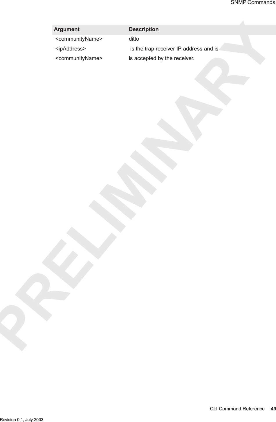 PRELIMINARYCLI Command Reference 49 Revision 0.1, July 2003 SNMP Commands  &lt;communityName&gt; ditto &lt;ipAddress&gt;   is the trap receiver IP address and is &lt;communityName&gt; is accepted by the receiver.Argument Description