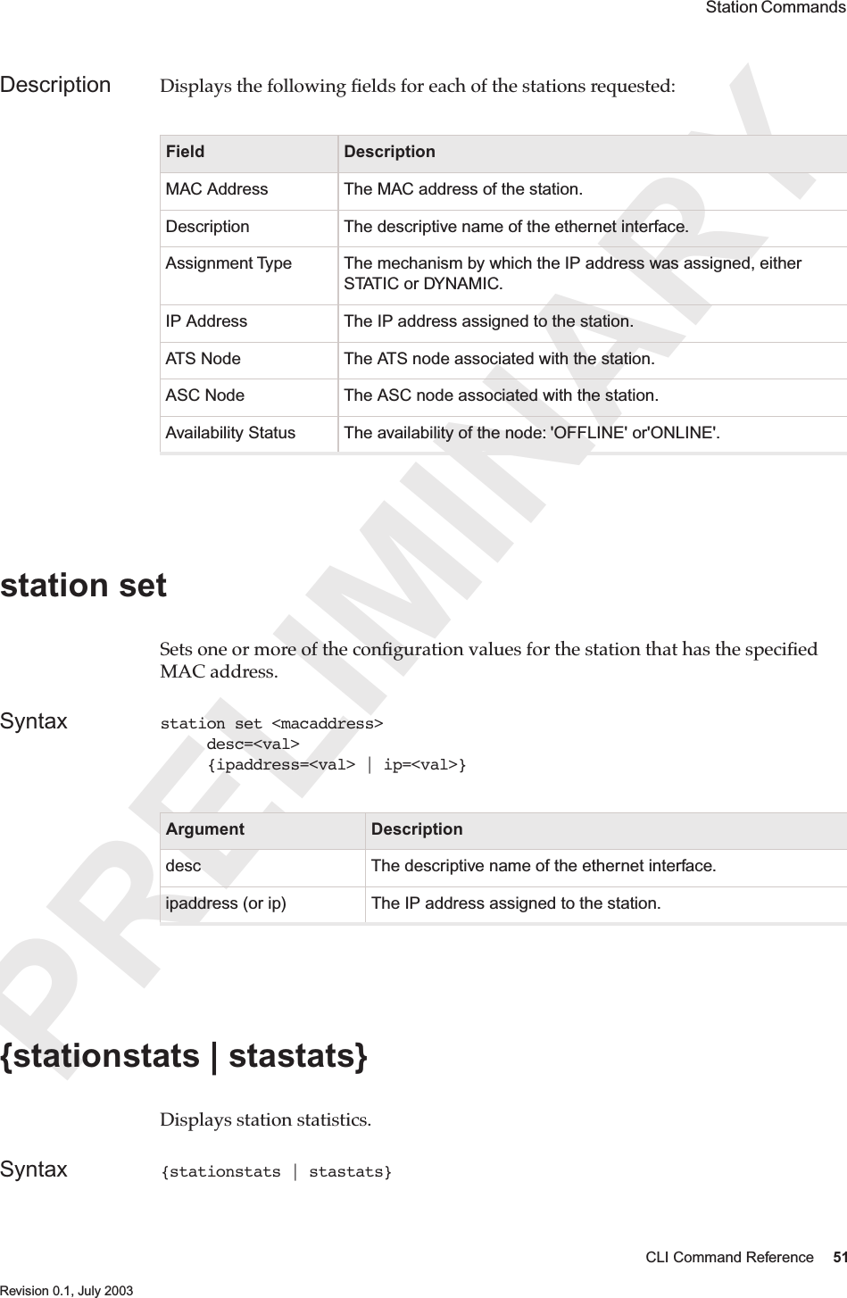 PRELIMINARYCLI Command Reference 51 Revision 0.1, July 2003 Station Commands Description Displays the following ﬁelds for each of the stations requested:station set Sets one or more of the conﬁguration values for the station that has the speciﬁed MAC address. Syntax station set &lt;macaddress&gt;      desc=&lt;val&gt;     {ipaddress=&lt;val&gt; | ip=&lt;val&gt;}{stationstats | stastats} Displays station statistics.  Syntax {stationstats | stastats} Field DescriptionMAC Address The MAC address of the station.Description The descriptive name of the ethernet interface.Assignment Type The mechanism by which the IP address was assigned, either STATIC or DYNAMIC.IP Address The IP address assigned to the station.ATS Node The ATS node associated with the station.ASC Node The ASC node associated with the station.Availability Status The availability of the node: &apos;OFFLINE&apos; or&apos;ONLINE&apos;.Argument Descriptiondesc The descriptive name of the ethernet interface.ipaddress (or ip) The IP address assigned to the station.