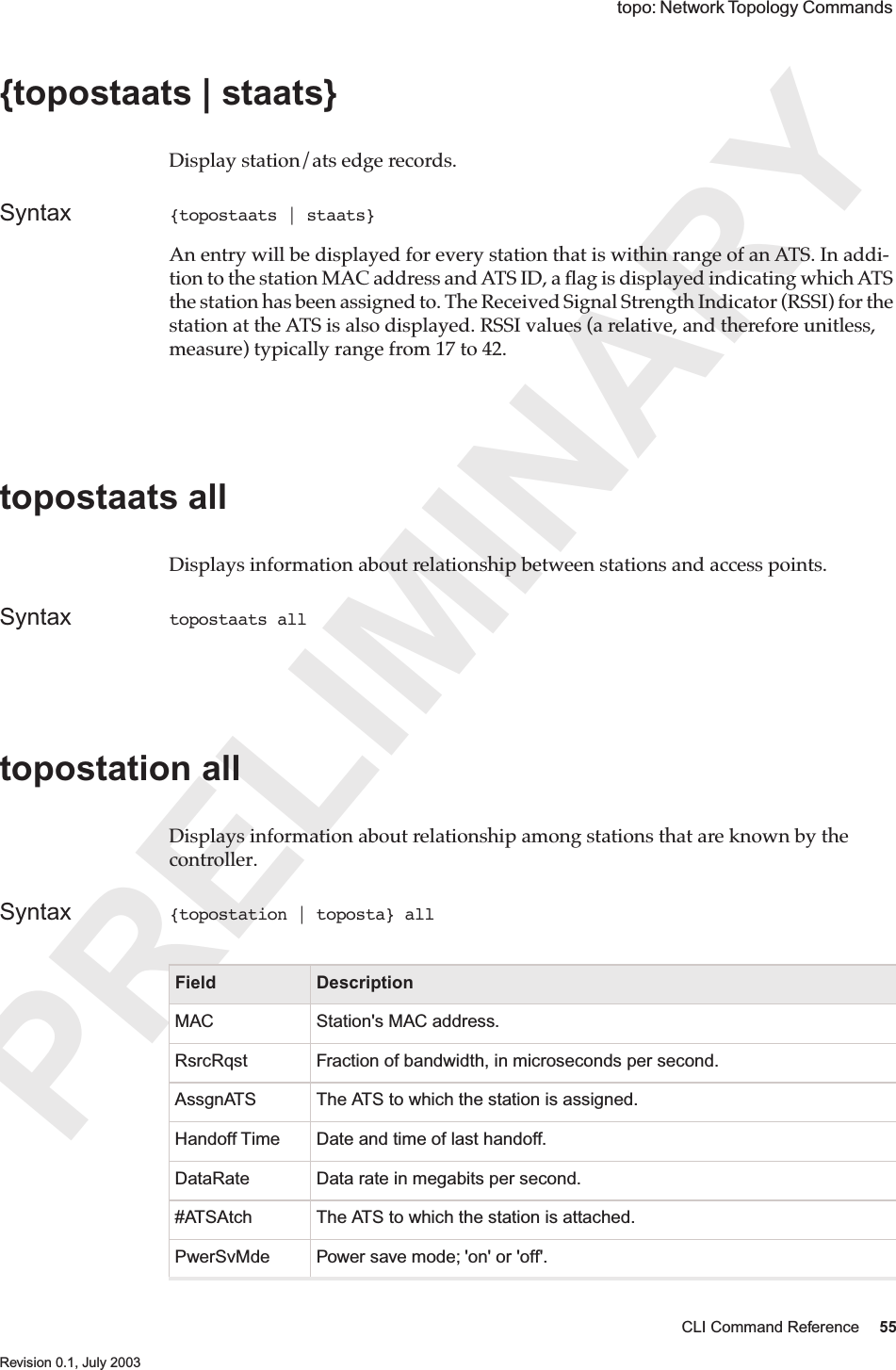PRELIMINARYCLI Command Reference 55 Revision 0.1, July 2003 topo: Network Topology Commands {topostaats | staats} Display station/ats edge records. Syntax {topostaats | staats} An entry will be displayed for every station that is within range of an ATS. In addi-tion to the station MAC address and ATS ID, a ﬂag is displayed indicating which ATS the station has been assigned to. The Received Signal Strength Indicator (RSSI) for the station at the ATS is also displayed. RSSI values (a relative, and therefore unitless, measure) typically range from 17 to 42. topostaats all Displays information about relationship between stations and access points. Syntax topostaats all topostation all Displays information about relationship among stations that are known by the controller. Syntax {topostation | toposta} all Field DescriptionMAC Station&apos;s MAC address.RsrcRqst Fraction of bandwidth, in microseconds per second.AssgnATS The ATS to which the station is assigned.Handoff Time Date and time of last handoff.DataRate Data rate in megabits per second.#ATSAtch The ATS to which the station is attached.PwerSvMde Power save mode; &apos;on&apos; or &apos;off&apos;.