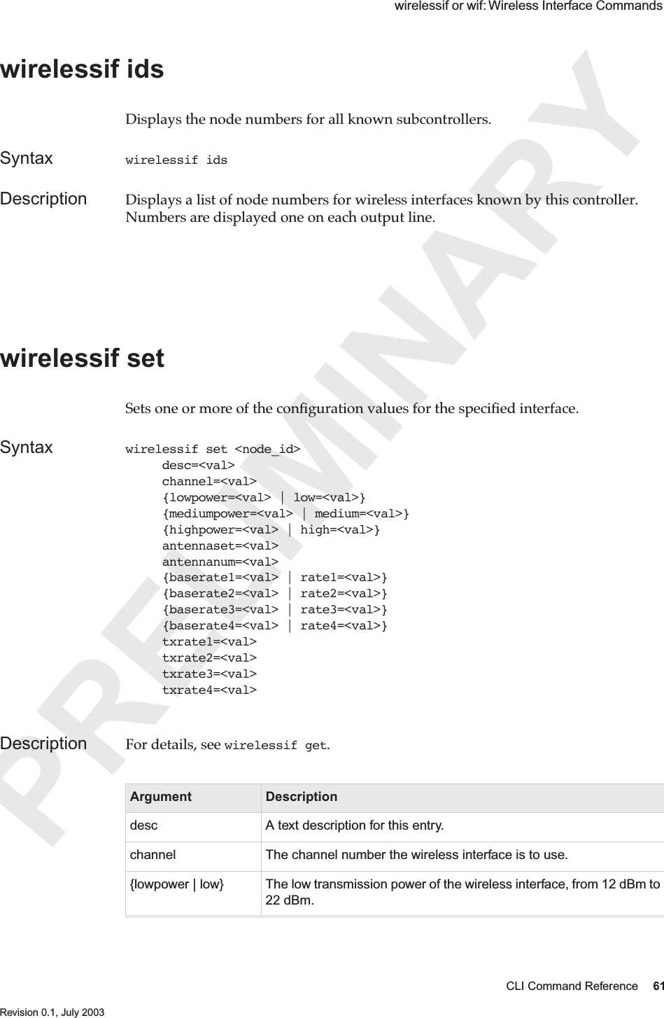 PRELIMINARYCLI Command Reference 61 Revision 0.1, July 2003 wirelessif or wif: Wireless Interface Commands wirelessif ids Displays the node numbers for all known subcontrollers.Syntax wirelessif idsDescription Displays a list of node numbers for wireless interfaces known by this controller. Numbers are displayed one on each output line.wirelessif setSets one or more of the conﬁguration values for the speciﬁed interface. Syntax wirelessif set &lt;node_id&gt;      desc=&lt;val&gt;     channel=&lt;val&gt;     {lowpower=&lt;val&gt; | low=&lt;val&gt;}     {mediumpower=&lt;val&gt; | medium=&lt;val&gt;}     {highpower=&lt;val&gt; | high=&lt;val&gt;}     antennaset=&lt;val&gt;     antennanum=&lt;val&gt;     {baserate1=&lt;val&gt; | rate1=&lt;val&gt;}     {baserate2=&lt;val&gt; | rate2=&lt;val&gt;}     {baserate3=&lt;val&gt; | rate3=&lt;val&gt;}     {baserate4=&lt;val&gt; | rate4=&lt;val&gt;}     txrate1=&lt;val&gt;     txrate2=&lt;val&gt;     txrate3=&lt;val&gt;     txrate4=&lt;val&gt;Description For details, see wirelessif get.Argument Descriptiondesc A text description for this entry.channel The channel number the wireless interface is to use.{lowpower | low} The low transmission power of the wireless interface, from 12 dBm to 22 dBm.