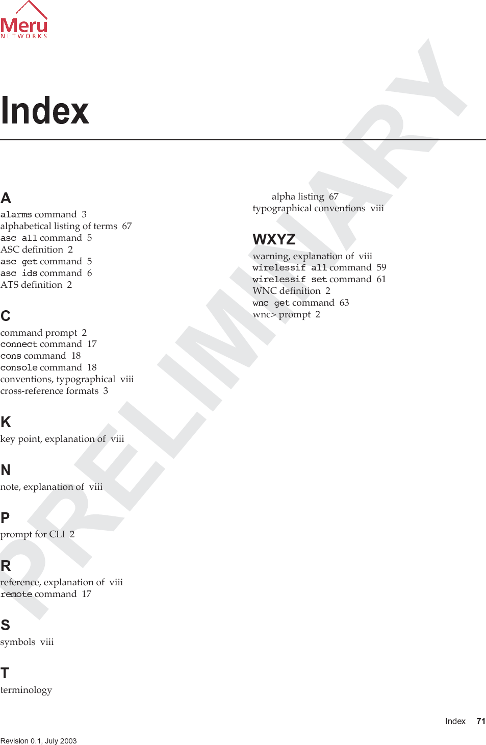 PRELIMINARY72 IndexRevision 0.1, July 2003 