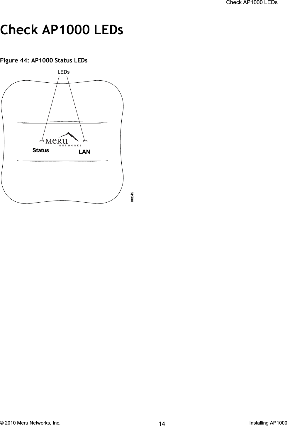  Check AP1000 LEDs © 2010 Meru Networks, Inc. Installing AP1000 67AP1000 Beta TestCheck AP1000 LEDsFigure 44: AP1000 Status LEDs 00249LEDsStatus LAN 14
