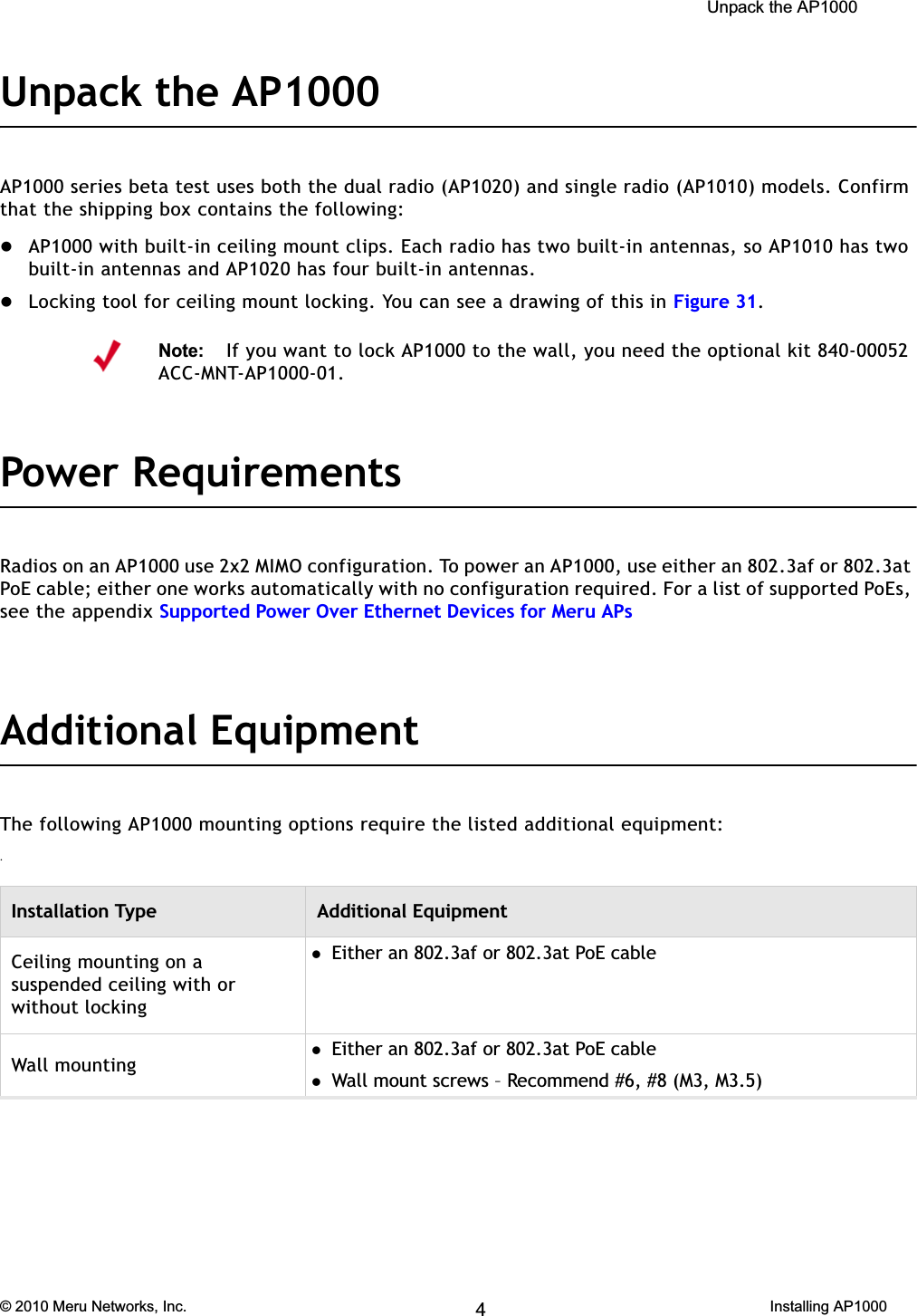  Unpack the AP1000 © 2010 Meru Networks, Inc. Installing AP1000 57AP1000 Beta TestUnpack the AP1000AP1000 series beta test uses both the dual radio (AP1020) and single radio (AP1010) models. Confirm that the shipping box contains the following:zAP1000 with built-in ceiling mount clips. Each radio has two built-in antennas, so AP1010 has two built-in antennas and AP1020 has four built-in antennas.zLocking tool for ceiling mount locking. You can see a drawing of this in Figure 31.Power Requirements Radios on an AP1000 use 2x2 MIMO configuration. To power an AP1000, use either an 802.3af or 802.3at PoE cable; either one works automatically with no configuration required. For a list of supported PoEs, see the appendix Supported Power Over Ethernet Devices for Meru APsAdditional EquipmentThe following AP1000 mounting options require the listed additional equipment:.Note:If you want to lock AP1000 to the wall, you need the optional kit 840-00052 ACC-MNT-AP1000-01.Installation Type Additional Equipment Ceiling mounting on a suspended ceiling with or without locking zEither an 802.3af or 802.3at PoE cableWall mountingzEither an 802.3af or 802.3at PoE cablezWall mount screws – Recommend #6, #8 (M3, M3.5) 4