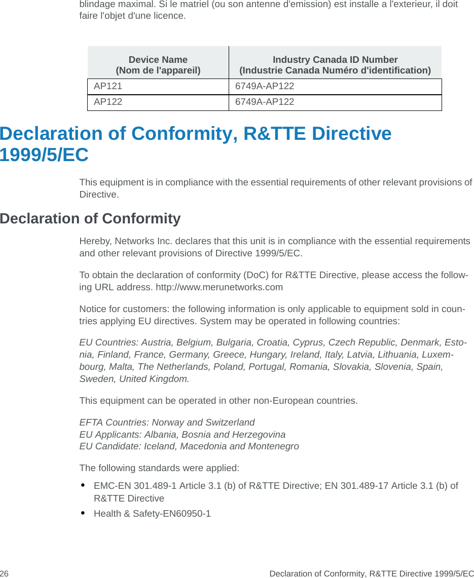 Declaration of Conformity, R&amp;TTE Directive 1999/5/EC26blindage maximal. Si le matriel (ou son antenne d&apos;emission) est installe a l&apos;exterieur, il doit faire l&apos;objet d&apos;une licence.Declaration of Conformity, R&amp;TTE Directive 1999/5/ECThis equipment is in compliance with the essential requirements of other relevant provisions of Directive.Declaration of ConformityHereby, Networks Inc. declares that this unit is in compliance with the essential requirements and other relevant provisions of Directive 1999/5/EC. To obtain the declaration of conformity (DoC) for R&amp;TTE Directive, please access the follow-ing URL address. http://www.merunetworks.comNotice for customers: the following information is only applicable to equipment sold in coun-tries applying EU directives. System may be operated in following countries:EU Countries: Austria, Belgium, Bulgaria, Croatia, Cyprus, Czech Republic, Denmark, Esto-nia, Finland, France, Germany, Greece, Hungary, Ireland, Italy, Latvia, Lithuania, Luxem-bourg, Malta, The Netherlands, Poland, Portugal, Romania, Slovakia, Slovenia, Spain, Sweden, United Kingdom.This equipment can be operated in other non-European countries.EFTA Countries: Norway and SwitzerlandEU Applicants: Albania, Bosnia and HerzegovinaEU Candidate: Iceland, Macedonia and MontenegroThe following standards were applied:•EMC-EN 301.489-1 Article 3.1 (b) of R&amp;TTE Directive; EN 301.489-17 Article 3.1 (b) of R&amp;TTE Directive•Health &amp; Safety-EN60950-1Device Name (Nom de l&apos;appareil) Industry Canada ID Number (Industrie Canada Numéro d&apos;identification)AP121 6749A-AP122AP122 6749A-AP122