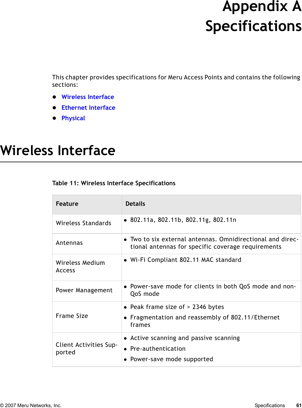 © 2007 Meru Networks, Inc. Specifications 61 Appendix ASpecificationsThis chapter provides specifications for Meru Access Points and contains the following sections:zWireless InterfacezEthernet InterfacezPhysicalWireless InterfaceTable 11: Wireless Interface SpecificationsFeature DetailsWireless Standards z802.11a, 802.11b, 802.11g, 802.11nAntennas zTwo to six external antennas. Omnidirectional and direc-tional antennas for specific coverage requirementsWireless Medium AccesszWi-Fi Compliant 802.11 MAC standardPower Management zPower-save mode for clients in both QoS mode and non-QoS modeFrame SizezPeak frame size of &gt; 2346 byteszFragmentation and reassembly of 802.11/Ethernet framesClient Activities Sup-portedzActive scanning and passive scanningzPre-authenticationzPower-save mode supported