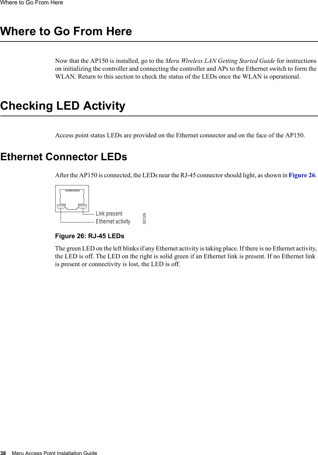 38 Meru Access Point Installation GuideWhere to Go From Here Where to Go From HereNow that the AP150 is installed, go to the Meru Wireless LAN Getting Started Guide for instructions on initializing the controller and connecting the controller and APs to the Ethernet switch to form the WLAN. Return to this section to check the status of the LEDs once the WLAN is operational.Checking LED ActivityAccess point status LEDs are provided on the Ethernet connector and on the face of the AP150. Ethernet Connector LEDsAfter the AP150 is connected, the LEDs near the RJ-45 connector should light, as shown in Figure 26. Figure 26: RJ-45 LEDsThe green LED on the left blinks if any Ethernet activity is taking place. If there is no Ethernet activity, the LED is off. The LED on the right is solid green if an Ethernet link is present. If no Ethernet link is present or connectivity is lost, the LED is off.Ethernet activityLink present00129