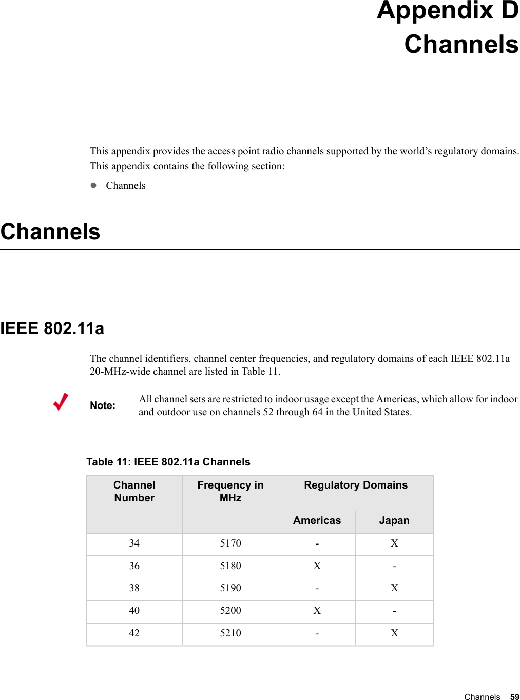 Channels 59 Appendix DChannelsB-1This appendix provides the access point radio channels supported by the world’s regulatory domains.This appendix contains the following section:zChannelsChannelsIEEE 802.11aThe channel identifiers, channel center frequencies, and regulatory domains of each IEEE 802.11a 20-MHz-wide channel are listed in Table 11. Note:All channel sets are restricted to indoor usage except the Americas, which allow for indoor and outdoor use on channels 52 through 64 in the United States. Table 11: IEEE 802.11a Channels Channel NumberFrequency in MHzRegulatory DomainsAmericas Japan34 5170 - X36 5180 X -38 5190 - X40 5200 X -42 5210 - X