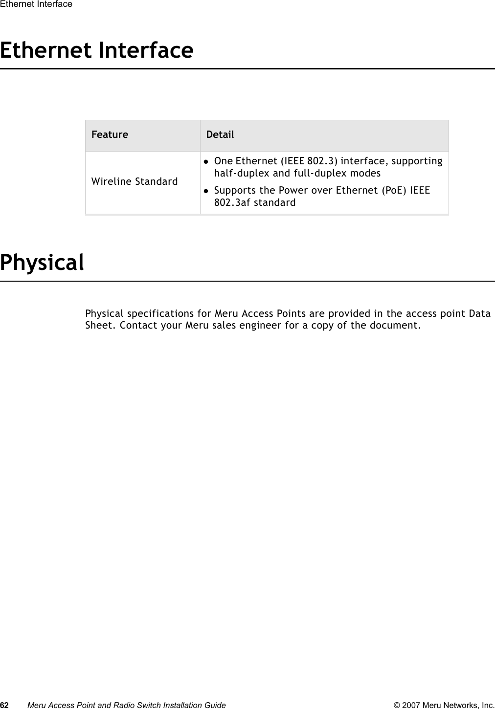 62 Meru Access Point and Radio Switch Installation Guide © 2007 Meru Networks, Inc.Ethernet Interface Ethernet InterfacePhysicalPhysical specifications for Meru Access Points are provided in the access point Data Sheet. Contact your Meru sales engineer for a copy of the document.Feature DetailWireline StandardzOne Ethernet (IEEE 802.3) interface, supporting half-duplex and full-duplex modeszSupports the Power over Ethernet (PoE) IEEE 802.3af standard 