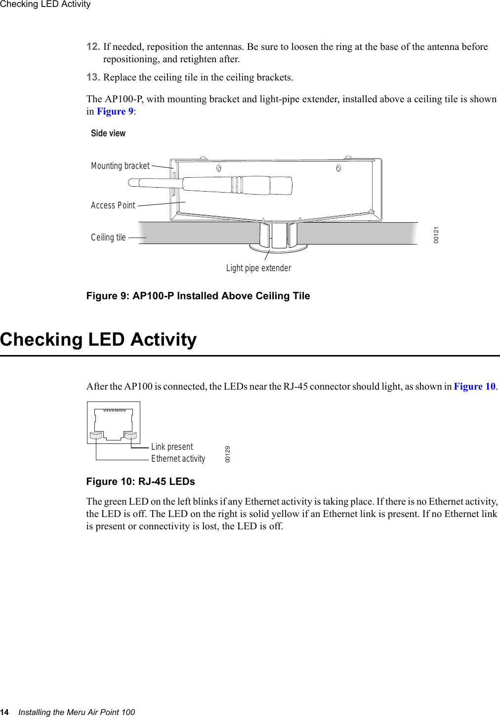 14 Installing the Meru Air Point 100Checking LED Activity 12. If needed, reposition the antennas. Be sure to loosen the ring at the base of the antenna before repositioning, and retighten after.13. Replace the ceiling tile in the ceiling brackets.The AP100-P, with mounting bracket and light-pipe extender, installed above a ceiling tile is shown in Figure 9:Figure 9: AP100-P Installed Above Ceiling TileChecking LED ActivityAfter the AP100 is connected, the LEDs near the RJ-45 connector should light, as shown in Figure 10. Figure 10: RJ-45 LEDsThe green LED on the left blinks if any Ethernet activity is taking place. If there is no Ethernet activity, the LED is off. The LED on the right is solid yellow if an Ethernet link is present. If no Ethernet link is present or connectivity is lost, the LED is off.Mounting bracketAccess PointSide viewCeiling tileLight pipe extender00121Ethernet activityLink present00129