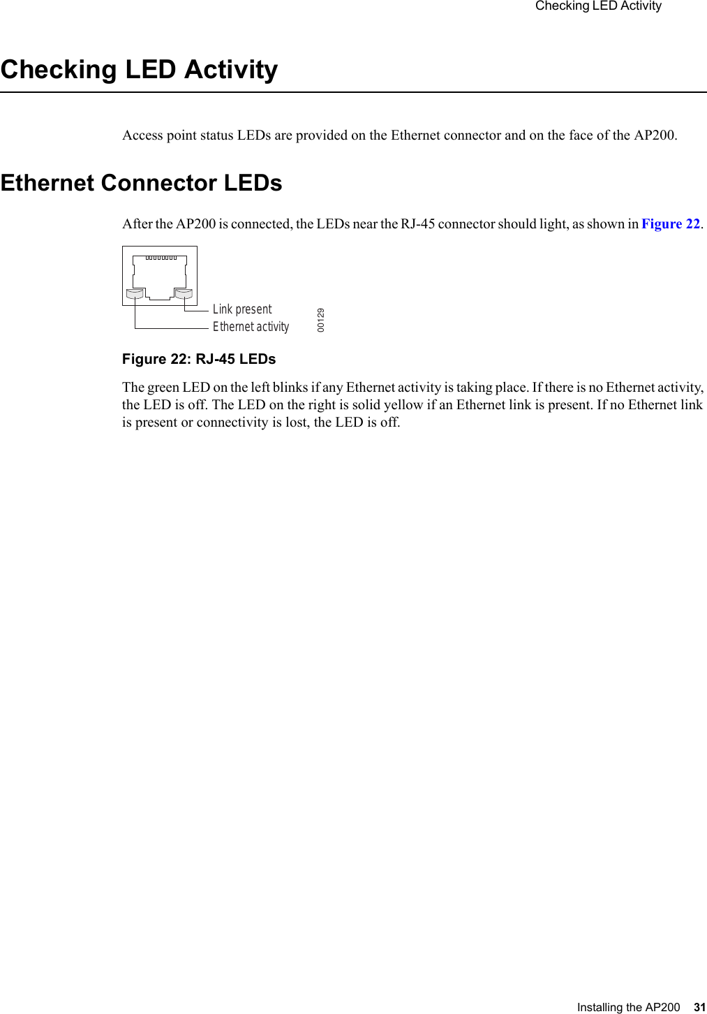  Checking LED Activity Installing the AP200 31 Checking LED ActivityAccess point status LEDs are provided on the Ethernet connector and on the face of the AP200. Ethernet Connector LEDsAfter the AP200 is connected, the LEDs near the RJ-45 connector should light, as shown in Figure 22. Figure 22: RJ-45 LEDsThe green LED on the left blinks if any Ethernet activity is taking place. If there is no Ethernet activity, the LED is off. The LED on the right is solid yellow if an Ethernet link is present. If no Ethernet link is present or connectivity is lost, the LED is off.Ethernet activityLink present00129