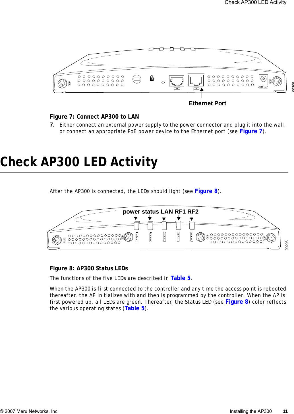  Check AP300 LED Activity © 2007 Meru Networks, Inc. Installing the AP300 11 Figure 7: Connect AP300 to LAN7. Either connect an external power supply to the power connector and plug it into the wall, or connect an appropriate PoE power device to the Ethernet port (see Figure 7).Check AP300 LED ActivityAfter the AP300 is connected, the LEDs should light (see Figure 8).Figure 8: AP300 Status LEDsThe functions of the five LEDs are described in Table 5.When the AP300 is first connected to the controller and any time the access point is rebooted thereafter, the AP initializes with and then is programmed by the controller. When the AP is first powered up, all LEDs are green. Thereafter, the Status LED (see Figure 8) color reflects the various operating states (Table 5). A5A65V DCCON LAN00209Ethernet PortA5A4A3A3PWRSTATLANRF1RF200208power status LAN RF1 RF2