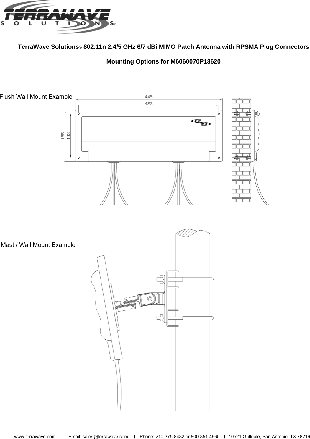 TerraWave Solutions® 802.11n 2.4/5 GHz 6/7 dBi MIMO Patch Antenna with RPSMA Plug Connectors  Mounting Options for M6060070P13620 Flush Wall Mount Example Mast / Wall Mount Example www.terrawave.com          Email: sales@terrawave.com         Phone: 210-375-8482 or 800-851-4965       10521 Gulfdale, San Antonio, TX 78216                