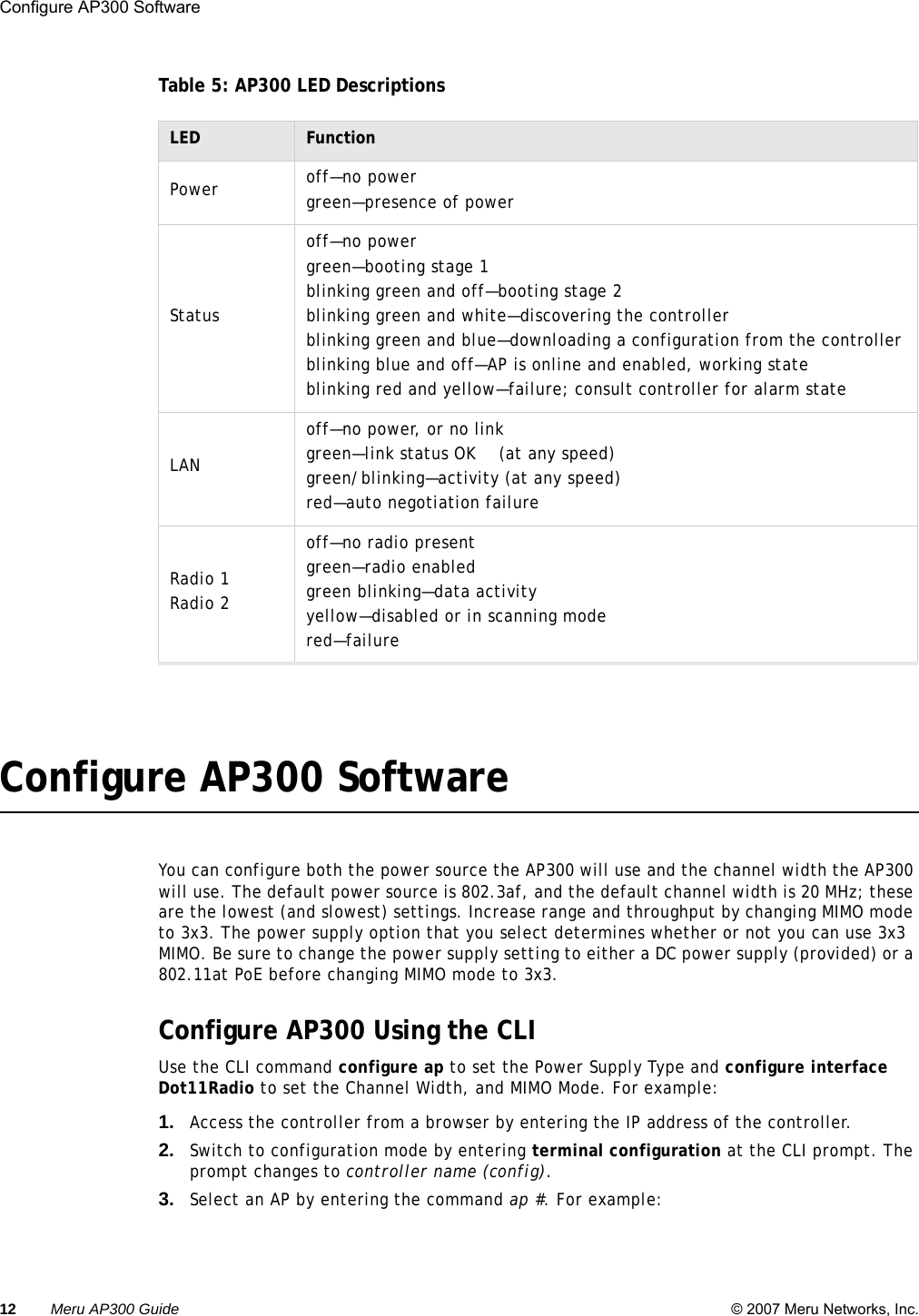 12 Meru AP300 Guide © 2007 Meru Networks, Inc.Configure AP300 Software Table 5: AP300 LED DescriptionsConfigure AP300 SoftwareYou can configure both the power source the AP300 will use and the channel width the AP300 will use. The default power source is 802.3af, and the default channel width is 20 MHz; these are the lowest (and slowest) settings. Increase range and throughput by changing MIMO mode to 3x3. The power supply option that you select determines whether or not you can use 3x3 MIMO. Be sure to change the power supply setting to either a DC power supply (provided) or a 802.11at PoE before changing MIMO mode to 3x3. Configure AP300 Using the CLIUse the CLI command configure ap to set the Power Supply Type and configure interface Dot11Radio to set the Channel Width, and MIMO Mode. For example:1. Access the controller from a browser by entering the IP address of the controller.2. Switch to configuration mode by entering terminal configuration at the CLI prompt. The prompt changes to controller name (config).3. Select an AP by entering the command ap #. For example:LED FunctionPower off—no powergreen—presence of powerStatusoff—no powergreen—booting stage 1blinking green and off—booting stage 2blinking green and white—discovering the controllerblinking green and blue—downloading a configuration from the controllerblinking blue and off—AP is online and enabled, working stateblinking red and yellow—failure; consult controller for alarm stateLANoff—no power, or no linkgreen—link status OK    (at any speed)green/blinking—activity (at any speed)red—auto negotiation failureRadio 1Radio 2off—no radio presentgreen—radio enabledgreen blinking—data activityyellow—disabled or in scanning modered—failure