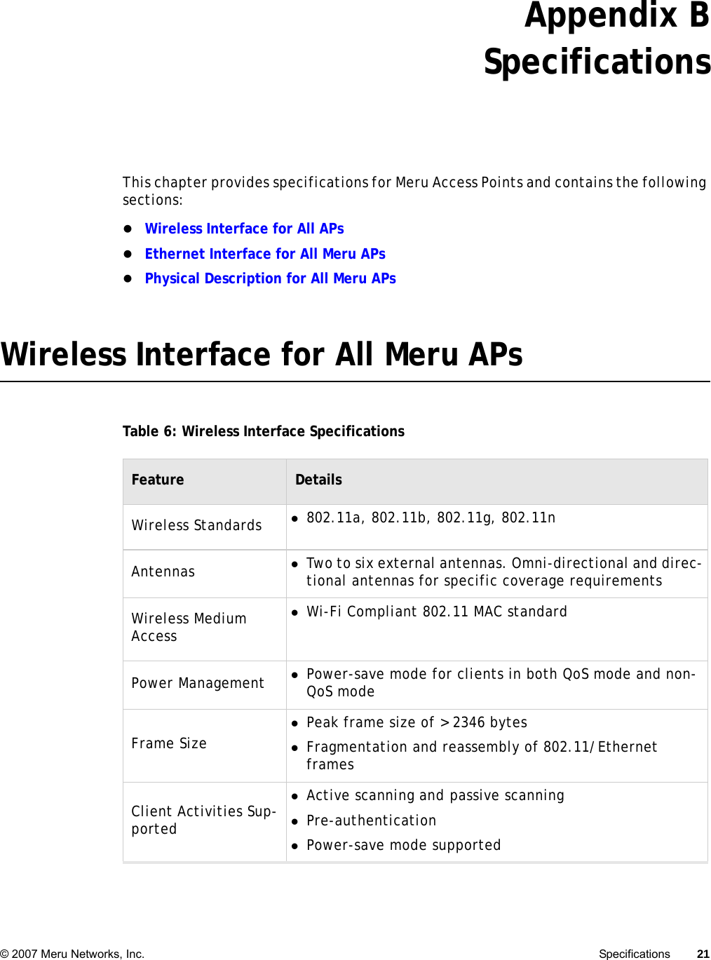 © 2007 Meru Networks, Inc. Specifications 21 Appendix BSpecificationsThis chapter provides specifications for Meru Access Points and contains the following sections:zWireless Interface for All APszEthernet Interface for All Meru APszPhysical Description for All Meru APsWireless Interface for All Meru APsTable 6: Wireless Interface SpecificationsFeature DetailsWireless Standards z802.11a, 802.11b, 802.11g, 802.11nAntennas zTwo to six external antennas. Omni-directional and direc-tional antennas for specific coverage requirementsWireless Medium AccesszWi-Fi Compliant 802.11 MAC standardPower Management zPower-save mode for clients in both QoS mode and non-QoS modeFrame SizezPeak frame size of &gt; 2346 byteszFragmentation and reassembly of 802.11/Ethernet framesClient Activities Sup-portedzActive scanning and passive scanningzPre-authenticationzPower-save mode supported