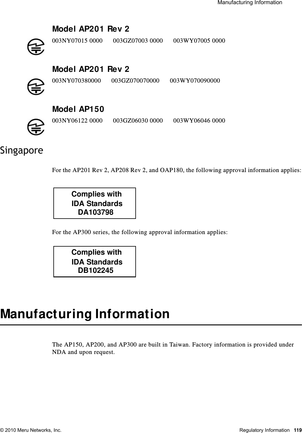  Manufacturing Information © 2010 Meru Networks, Inc. Regulatory Information 119Model AP201 Rev 2Model AP201 Rev 2Model AP150 SingaporeFor the AP201 Rev 2, AP208 Rev 2, and OAP180, the following approval information applies:For the AP300 series, the following approval information applies:Manufacturing InformationThe AP150, AP200, and AP300 are built in Taiwan. Factory information is provided under NDA and upon request.003NY07015 0000      003GZ07003 0000      003WY07005 0000003NY070380000      003GZ070070000      003WY070090000003NY06122 0000      003GZ06030 0000      003WY06046 0000           DA103798        IDA Standards       Complies with           DB102245        IDA Standards       Complies with