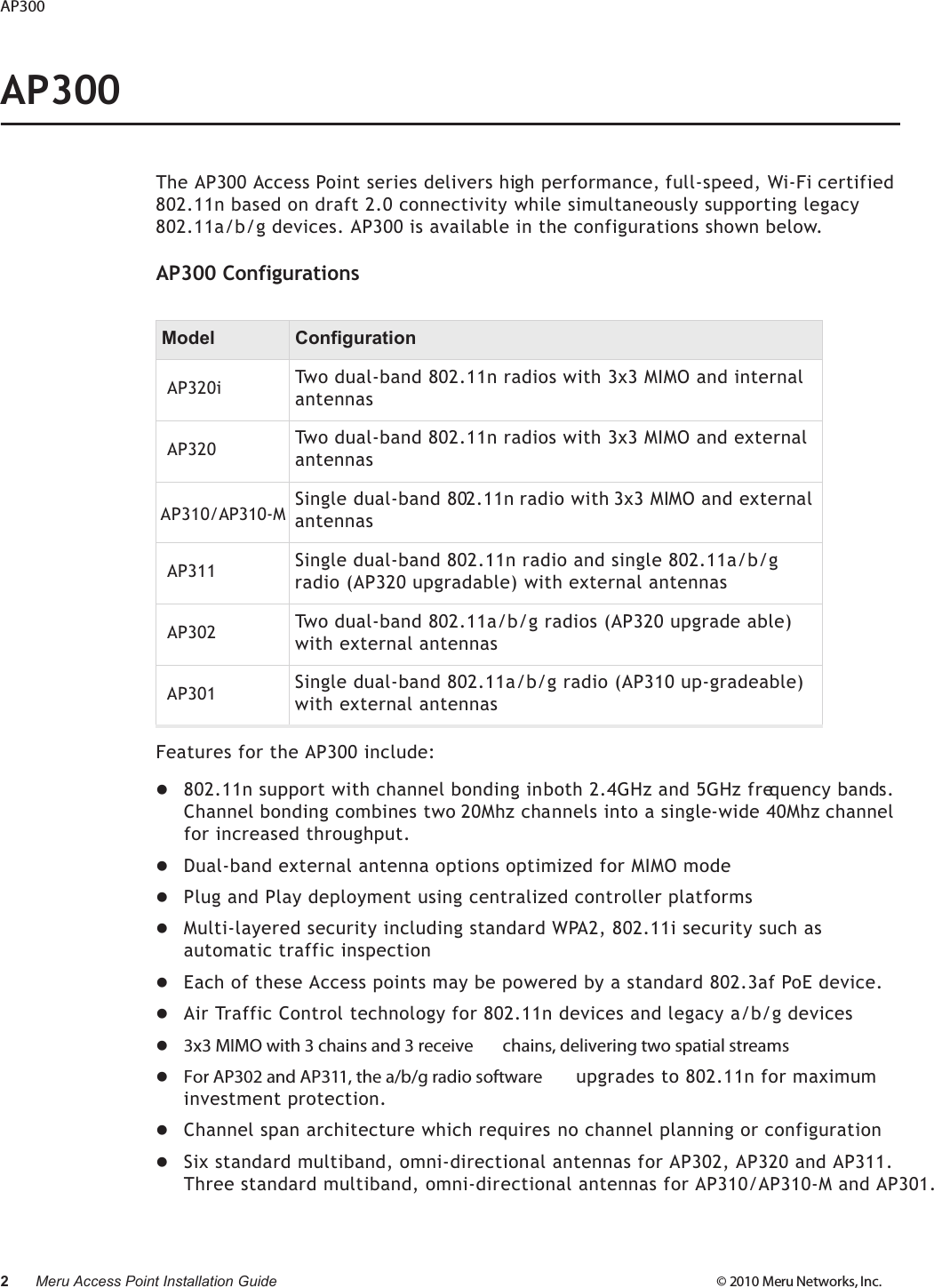 2Meru Access Point Installation Guide © 2010 Meru Networks, Inc. AP300 AP300The AP300 Access Point series delivers high performance, full-speed, Wi-Fi certified 802.11n based on draft 2.0 connectivity while simultaneously supporting legacy 802.11a/b/g devices. AP300 is available in the configurations shown below.AP300 ConfigurationsFeatures for the AP300 include:802.11n support with channel bonding in both 2.4GHz and 5GHz frequency bands. Channel bonding combines two 20Mhz channels into a single-wide 40Mhz channel for increased throughput.Dual-band external antenna options optimized for MIMO modePlug and Play deployment using centralized controller platformsMulti-layered security including standard WPA2, 802.11i security such as automatic traffic inspectionEach of these Access points may be powered by a standard 802.3af PoE device.Air Traffic Control technology for 802.11n devices and legacy a/b/g devices 3x3 MIMO with 3 chains and 3 receive  chains, delivering two spatial streams For AP302 and AP311, the a/b/g radio software  upgrades to 802.11n for maximum investment protection.Channel span architecture which requires no channel planning or configurationSix standard multiband, omni-directional antennas for AP302, AP320 and AP311. Three standard multiband, omni-directional antennas for AP310/AP310-M and AP301.Model ConfigurationAP320iTwo dual-band 802.11n radios with 3x3 MIMO and internal antennasAP320Two dual-band 802.11n radios with 3x3 MIMO and external antennasAP310/AP310-M Single dual-band 802.11n radio with 3x3 MIMO and external antennasAP311Single dual-band 802.11n radio and single 802.11a/b/g radio (AP320 upgradable) with external antennasAP302Two dual-band 802.11a/b/g radios (AP320 upgrade able) with external antennasAP301Single dual-band 802.11a/b/g radio (AP310 up-gradeable) with external antennas