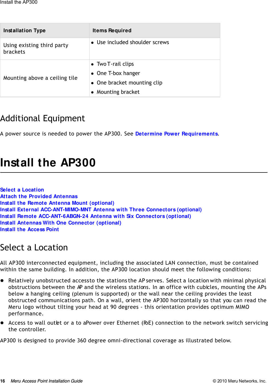 16 Meru Access Point Installation Guide © 2010 Meru Networks, Inc. Install the AP300 Additional EquipmentA power source is needed to power the AP300. See Determine Power Requirements.Install the AP300Select a LocationAttach the Provided AntennasInstall the Remote Antenna Mount (optional)Install External ACC-ANT-MIMO-MNT Antenna with Three Connectors (optional)Install Remote ACC-ANT-6ABGN-24 Antenna with Six Connectors (optional)Install Antennas With One Connector (optional)Install the Access PointSelect a LocationAll AP300 interconnected equipment, including the associated LAN connection, must be contained within the same building. In addition, the AP300 location should meet the following conditions:Relatively unobstructed access to the stations the AP serves. Select a location with minimal physical obstructions between the AP and the wireless stations. In an office with cubicles, mounting the APs below a hanging ceiling (plenum is supported) or the wall near the ceiling provides the least obstructed communications path. On a wall, orient the AP300 horizontally so that you can read the Meru logo without tilting your head at 90 degrees - this orientation provides optimum MIMO performance. Access to wall outlet or a to a Power over Ethernet (PoE) connection to the network switch servicing the controller. AP300 is designed to provide 360 degree omni-directional coverage as illustrated below. Using existing third party bracketsUse included shoulder screwsMounting above a ceiling tileTwo  T -r ai l  cl ipsOne T-box hangerOne bracket mounting clipMounting bracketInstallation Type Items Required