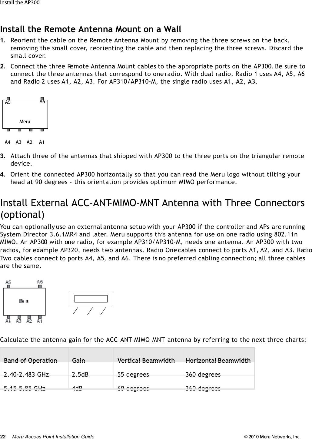 22 Meru Access Point Installation Guide © 2010 Meru Networks, Inc. Install the AP300 Install the Remote Antenna Mount on a Wall1. Reorient the cable on the Remote Antenna Mount by removing the three screws on the back, removing the small cover, reorienting the cable and then replacing the three screws. Discard the small cover.2. Connect the three Remote Antenna Mount cables to the appropriate ports on the AP300. Be sure to connect the three antennas that correspond to one radio. With dual radio, Radio 1 uses A4, A5, A6 and Radio 2 uses A1, A2, A3. For AP310/AP310-M, the single radio uses A1, A2, A3..3. Attach three of the antennas that shipped with AP300 to the three ports on the triangular remote device. 4. Orient the connected AP300 horizontally so that you can read the Meru logo without tilting your head at 90 degrees - this orientation provides optimum MIMO performance. Install External ACC-ANT-MIMO-MNT Antenna with Three Connectors  (optional)You can optionally use an external antenna setup with your AP300 if the controller and APs are running System Director 3.6.1MR4 and later. Meru supports this antenna for use on one radio using 802.11n MIMO. An AP300 with one radio, for example AP310/AP310-M, needs one antenna. An AP300 with twoenO oidaR .sannetna owt sdeen ,023PA elpmaxe  cables connect to ports A1, A2, and A3. Radio Two cables connect to ports A4, A5, and A6. There is no preferred cabling connection; all three cables are the same. Calculate the antenna gain for the ACC-ANT-MIMO-MNT antenna by referring to the next three charts:Band of Operation Gain Vertical Beamwidth Horizontal Beamwidth2.40-2.483 GHz 2.5dB 55 degrees 360 degrees5.15-5.85 GHz 4dB 60 degrees 360 degreesMeruA1A5 A6A4 A3 A2radios, for 