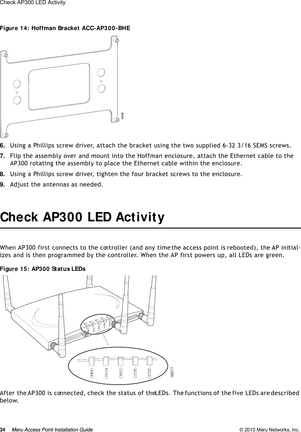 34 Meru Access Point Installation Guide © 2010 Meru Networks, Inc. Check AP300 LED Activity Figure 14: Hoffman Bracket ACC-AP300 -BHE6. Using a Phillips screw driver, attach the bracket using the two supplied 6-32 3/16 SEMS screws.7. Flip the assembly over and mount into the Hoffman enclosure, attach the Ethernet cable to the AP300 rotating the assembly to place the Ethernet cable within the enclosure.8. Using a Phillips screw driver, tighten the four bracket screws to the enclosure.9. Adjust the antennas as needed.Check AP300 LED ActivityWhen AP300 first connects to the controller (and any time the access point is rebooted), the AP initial-izes and is then programmed by the controller. When the AP first powers up, all LEDs are green.  Figure 15: AP300 Status LEDsAfter the AP300 is connected, check the status of the LEDs. The functions of the five LEDs are described below.00230A3A2L ANS TTAPWRR F1R F200217PWRSTATLANRF1RF2