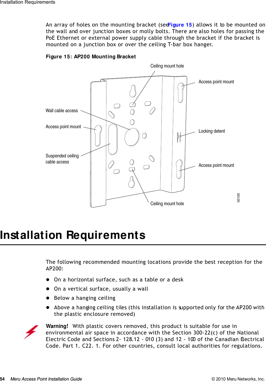54 Meru Access Point Installation Guide © 2010 Meru Networks, Inc. Installation Requirements An array of holes on the mounting bracket (see Figure 15) allows it to be mounted on the wall and over junction boxes or molly bolts. There are also holes for passing the PoE Ethernet or external power supply cable through the bracket if the bracket is mounted on a junction box or over the ceiling T-bar box hanger. Figure 15: AP200 Mounting BracketInstallation RequirementsThe following recommended mounting locations provide the best reception for the AP200:On a horizontal surface, such as a table or a deskOn a vertical surface, usually a wallBelow a hanging ceilingAbove a hanging ceiling tiles (this installation is supported only for the AP200 with the plastic enclosure removed)Access point mountCeiling mount holeCeiling mount holeAccess point mountAccess point mountLocking detentWall cable accessSuspended ceilingcable access00100Warning!   With plastic covers removed, this product is suitable for use in environmental air space in accordance with the Section 300-22(c) of the National Electric Code and Sections 2- 128.12 - 010 (3) and 12 - 100 of the Canadian Electrical Code. Part 1. C22. 1. For other countries, consult local authorities for regulations.