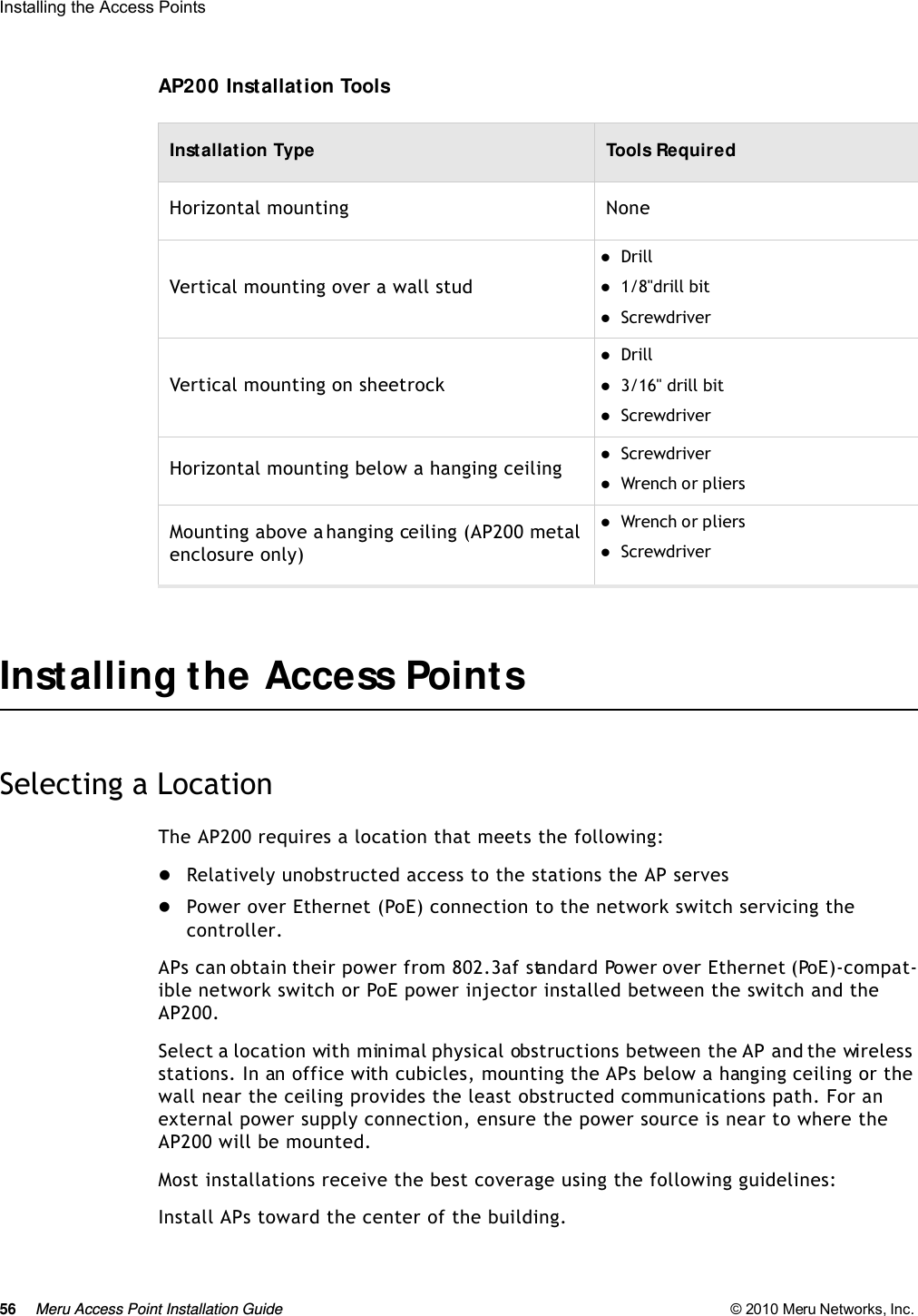 56 Meru Access Point Installation Guide © 2010 Meru Networks, Inc. Installing the Access Points AP200 Installation ToolsInstalling the Access PointsSelecting a LocationThe AP200 requires a location that meets the following:Relatively unobstructed access to the stations the AP servesPower over Ethernet (PoE) connection to the network switch servicing the controller.APs can obtain their power from 802.3af standard Power over Ethernet (PoE)-compat-ible network switch or PoE power injector installed between the switch and the AP200. Select a location with minimal physical obstructions between the AP and the wireless stations. In an office with cubicles, mounting the APs below a hanging ceiling or the wall near the ceiling provides the least obstructed communications path. For an external power supply connection, ensure the power source is near to where the AP200 will be mounted.Most installations receive the best coverage using the following guidelines:Install APs toward the center of the building.Installation Type Tools RequiredHorizontal mounting NoneVertical mounting over a wall studDrill 1/8&quot;drill bitScrewdriverVertical mounting on sheetrockDrill3/16&quot; drill bitScrewdriverHorizontal mounting below a hanging ceiling ScrewdriverWrench or pliersMounting above a hanging ceiling (AP200 metal enclosure only)Wrench or pliersScrewdriver