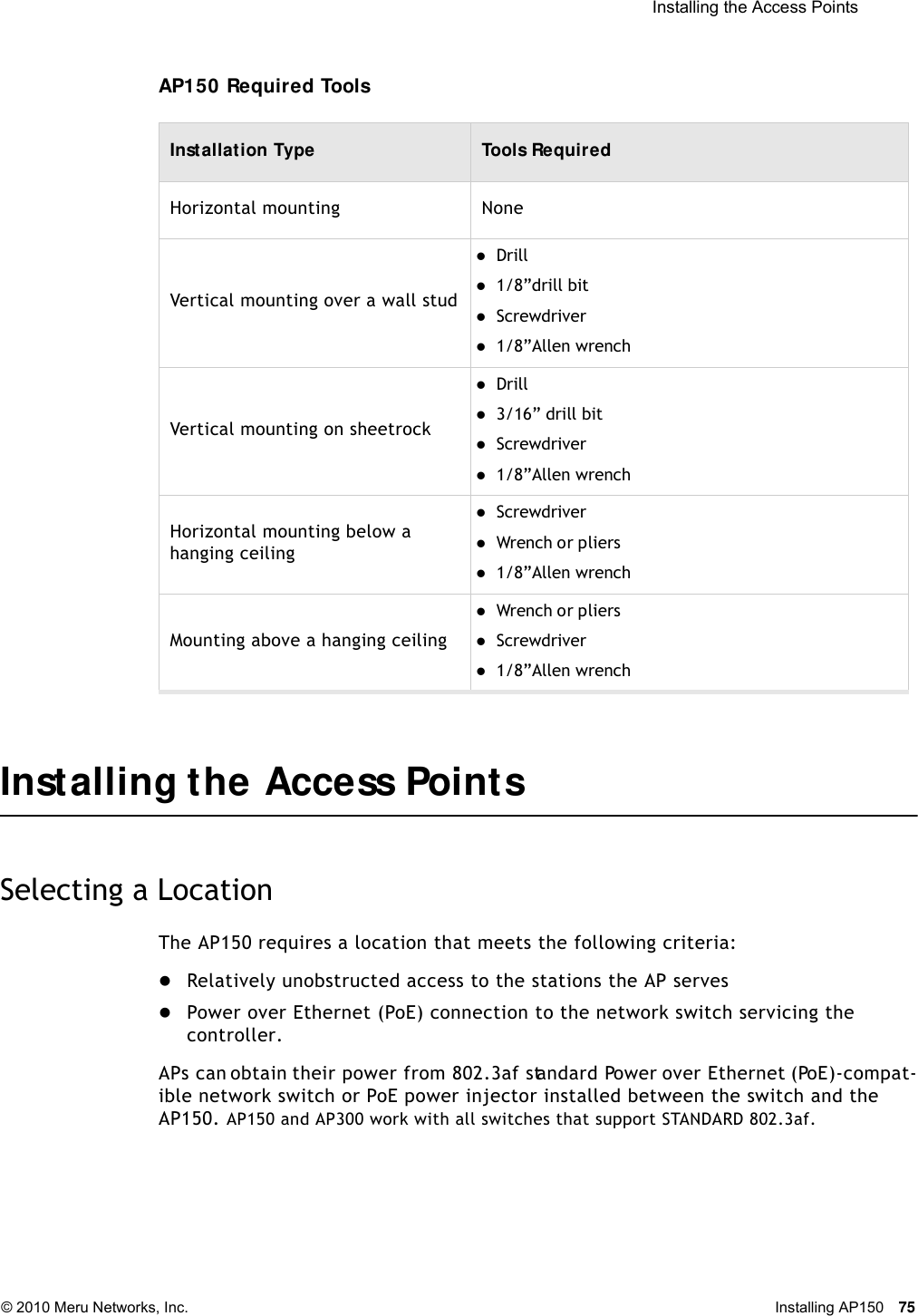  Installing the Access Points © 2010 Meru Networks, Inc. Installing AP150 75 AP150 Required ToolsInstalling the Access PointsSelecting a LocationThe AP150 requires a location that meets the following criteria:Relatively unobstructed access to the stations the AP servesPower over Ethernet (PoE) connection to the network switch servicing the controller.APs can obtain their power from 802.3af standard Power over Ethernet (PoE)-compat-ible network switch or PoE power injector installed between the switch and the AP150. AP150 and AP300 work with all switches that support STANDARD 802.3af.Installation Type Tools RequiredHorizontal mounting NoneVertical mounting over a wall studDrill 1/8”drill bitScrewdriver1/8”Allen wrenchVertical mounting on sheetrockDrill3/16” drill bitScrewdriver1/8”Allen wrenchHorizontal mounting below a hanging ceilingScrewdriverWrench or pliers1/8”Allen wrenchMounting above a hanging ceiling Wrench or pliersScrewdriver1/8”Allen wrench