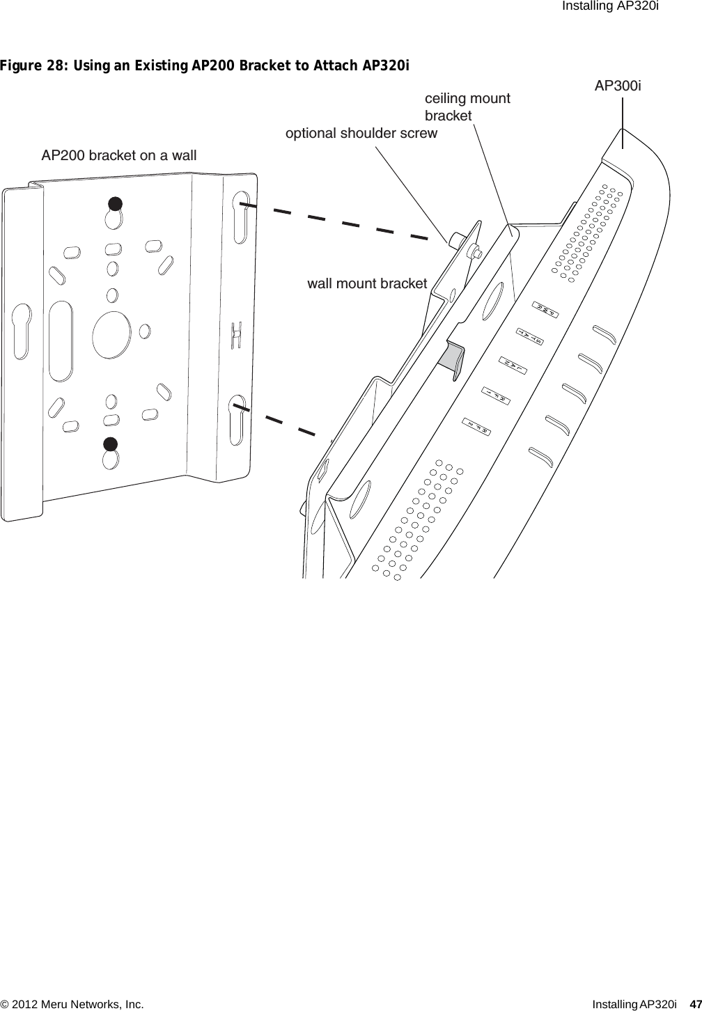  Installing AP320i © 2012 Meru Networks, Inc. Installing AP320i 47 Figure 28: Using an Existing AP200 Bracket to Attach AP320iwall mount bracketceiling mountbracketAP300iAP200 bracket on a walloptional shoulder screw