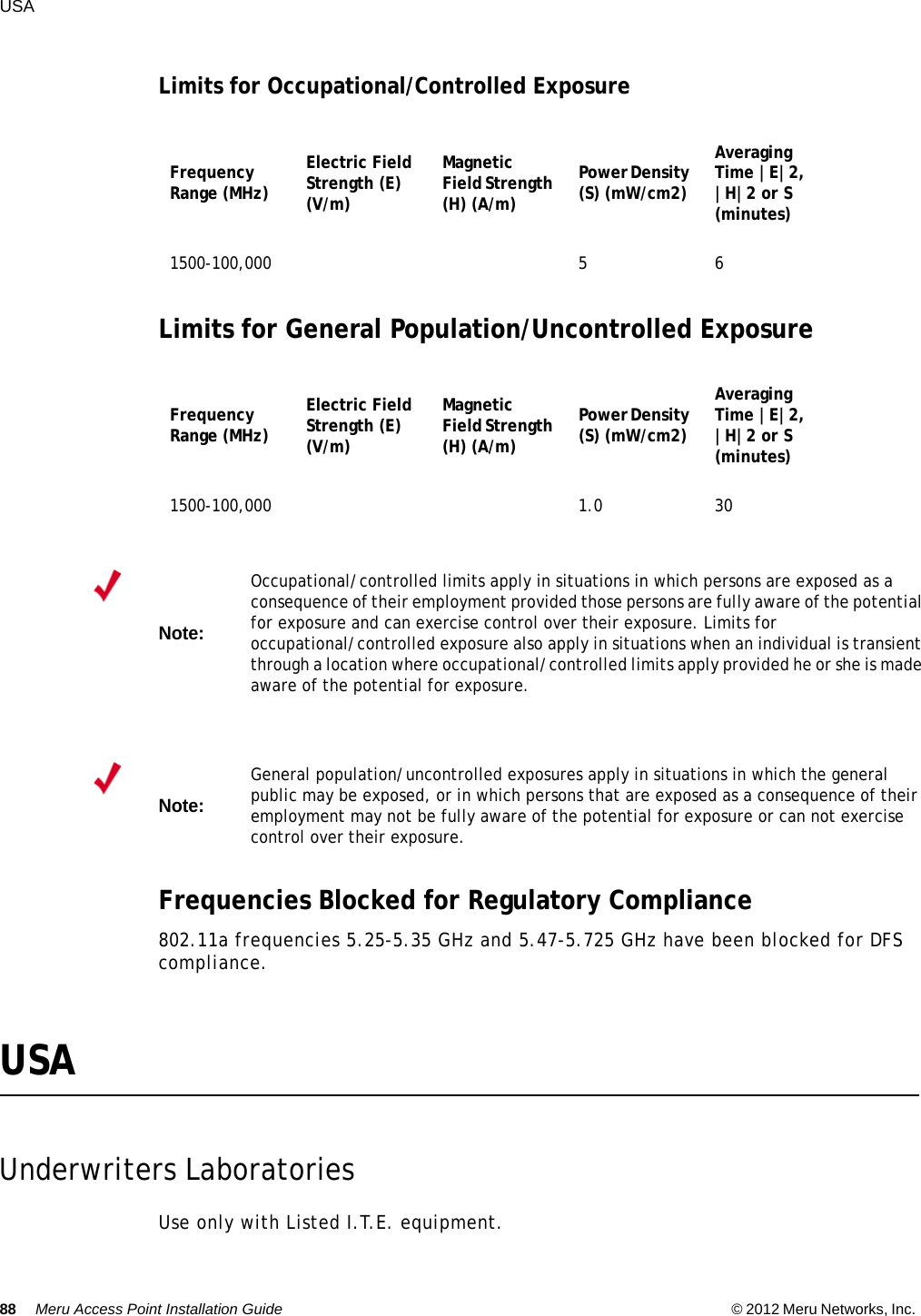 88 Meru Access Point Installation Guide © 2012 Meru Networks, Inc. USA Limits for Occupational/Controlled ExposureLimits for General Population/Uncontrolled ExposureFrequencies Blocked for Regulatory Compliance802.11a frequencies 5.25-5.35 GHz and 5.47-5.725 GHz have been blocked for DFS compliance.USAUnderwriters LaboratoriesUse only with Listed I.T.E. equipment.Frequency Range (MHz) Electric Field Strength (E) (V/m) Magnetic Field Strength (H) (A/m)Power Density (S) (mW/cm2)Averaging Time |E|2, |H|2 or S (minutes)1500-100,000 5 6Frequency Range (MHz) Electric Field Strength (E) (V/m) Magnetic Field Strength (H) (A/m)Power Density (S) (mW/cm2)Averaging Time |E|2, |H|2 or S (minutes)1500-100,000 1.0 30Note:Occupational/controlled limits apply in situations in which persons are exposed as a consequence of their employment provided those persons are fully aware of the potential for exposure and can exercise control over their exposure. Limits for occupational/controlled exposure also apply in situations when an individual is transient through a location where occupational/controlled limits apply provided he or she is made aware of the potential for exposure. Note:General population/uncontrolled exposures apply in situations in which the general public may be exposed, or in which persons that are exposed as a consequence of their employment may not be fully aware of the potential for exposure or can not exercise control over their exposure.