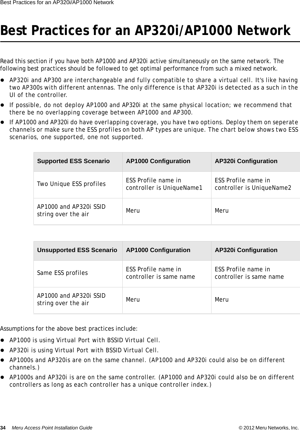 34 Meru Access Point Installation Guide © 2012 Meru Networks, Inc. Best Practices for an AP320i/AP1000 Network Best Practices for an AP320i/AP1000 Network Read this section if you have both AP1000 and AP320i active simultaneously on the same network. The following best practices should be followed to get optimal performance from such a mixed network. AP320i and AP300 are interchangeable and fully compatible to share a virtual cell. It&apos;s like having two AP300s with different antennas. The only difference is that AP320i is detected as a such in the UI of the controller.If possible, do not deploy AP1000 and AP320i at the same physical location; we recommend that there be no overlapping coverage between AP1000 and AP300. If AP1000 and AP320i do have overlapping coverage, you have two options. Deploy them on seperate channels or make sure the ESS profiles on both AP types are unique. The chart below shows two ESS scenarios, one supported, one not supported. Assumptions for the above best practices include:AP1000 is using Virtual Port with BSSID Virtual Cell. AP320i is using Virtual Port with BSSID Virtual Cell.AP1000s and AP320is are on the same channel. (AP1000 and AP320i could also be on different channels.) AP1000s and AP320i is are on the same controller. (AP1000 and AP320i could also be on different controllers as long as each controller has a unique controller index.) Supported ESS Scenario AP1000 Configuration AP320i ConfigurationTwo Unique ESS profiles ESS Profile name in controller is UniqueName1 ESS Profile name in controller is UniqueName2AP1000 and AP320i SSID string over the air  Meru MeruUnsupported ESS Scenario AP1000 Configuration AP320i ConfigurationSame ESS profiles ESS Profile name in controller is same name ESS Profile name in controller is same nameAP1000 and AP320i SSID string over the air  Meru Meru