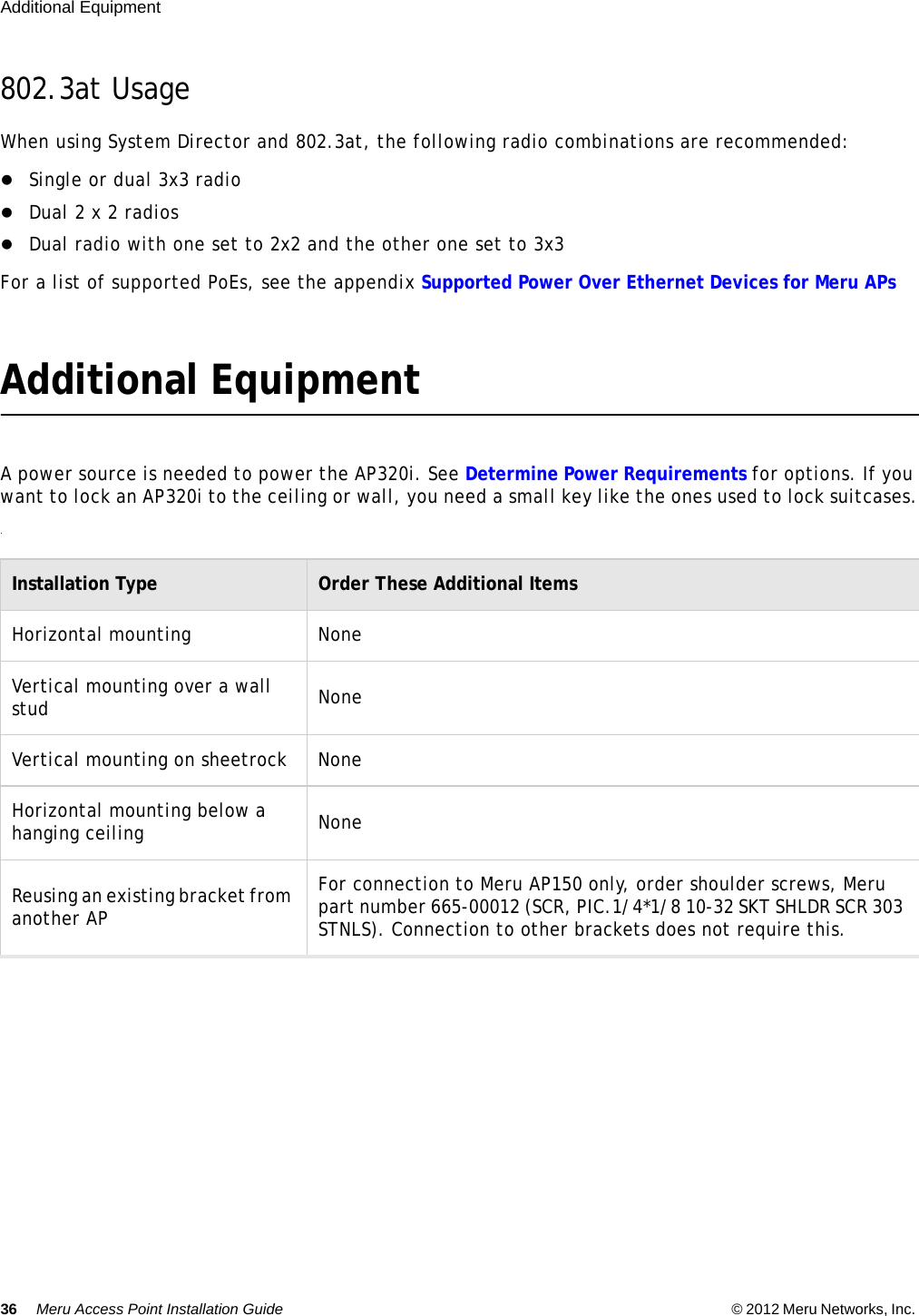 36 Meru Access Point Installation Guide © 2012 Meru Networks, Inc. Additional Equipment 802.3at UsageWhen using System Director and 802.3at, the following radio combinations are recommended:Single or dual 3x3 radioDual 2 x 2 radios Dual radio with one set to 2x2 and the other one set to 3x3 For a list of supported PoEs, see the appendix Supported Power Over Ethernet Devices for Meru APsAdditional EquipmentA power source is needed to power the AP320i. See Determine Power Requirements for options. If you want to lock an AP320i to the ceiling or wall, you need a small key like the ones used to lock suitcases..Installation Type Order These Additional Items Horizontal mounting NoneVertical mounting over a wall stud None Vertical mounting on sheetrock NoneHorizontal mounting below a hanging ceiling NoneReusing an existing bracket from another APFor connection to Meru AP150 only, order shoulder screws, Meru part number 665-00012 (SCR, PIC.1/4*1/8 10-32 SKT SHLDR SCR 303 STNLS). Connection to other brackets does not require this.