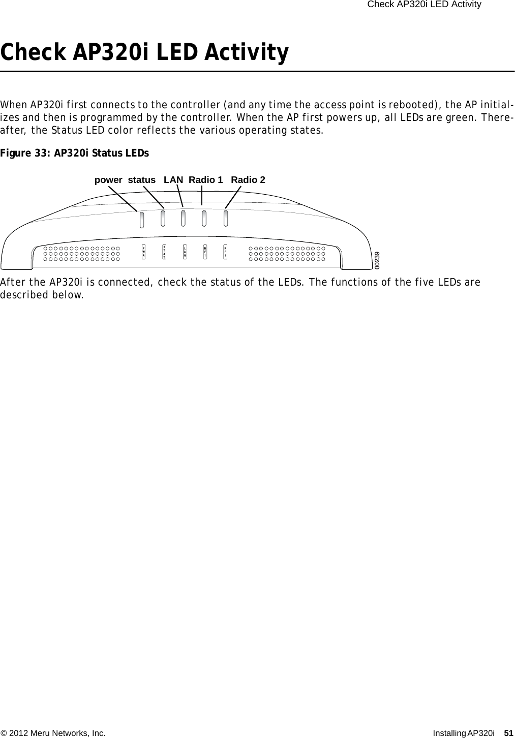  Check AP320i LED Activity © 2012 Meru Networks, Inc. Installing AP320i 51 Check AP320i LED ActivityWhen AP320i first connects to the controller (and any time the access point is rebooted), the AP initial-izes and then is programmed by the controller. When the AP first powers up, all LEDs are green. There-after, the Status LED color reflects the various operating states. Figure 33: AP320i Status LEDs After the AP320i is connected, check the status of the LEDs. The functions of the five LEDs are described below.00239power  status   LAN  Radio 1   Radio 2