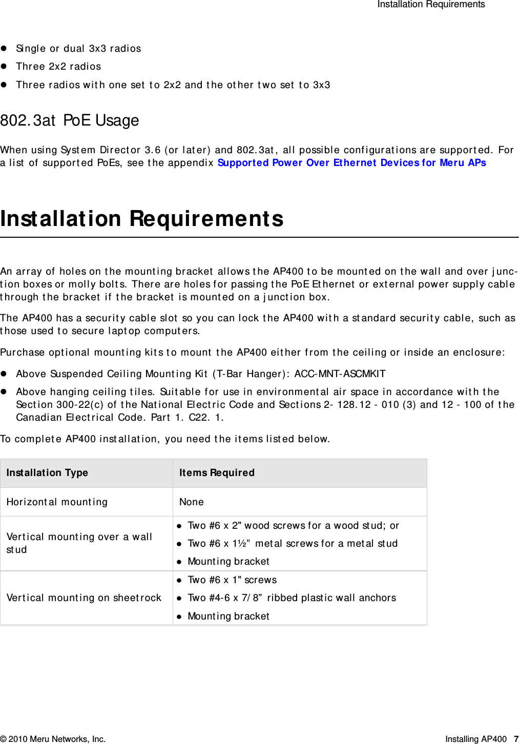  Installation Requirements © 2010 Meru Networks, Inc. Installing AP400 7 Single or dual 3x3 radiosThree 2x2 radiosThree radios with one set to 2x2 and the other two set to 3x3 802.3at PoE UsageWhen using System Director 3.6 (or later) and 802.3at, all possible configurations are supported. For a list of supported PoEs, see the appendix Supported Power Over Ethernet Devices for Meru APsInstallation RequirementsAn array of holes on the mounting bracket allows the AP400 to be mounted on the wall and over junc-tion boxes or molly bolts. There are holes for passing the PoE Ethernet or external power supply cable through the bracket if the bracket is mounted on a junction box.The AP400 has a security cable slot so you can lock the AP400 with a standard security cable, such as those used to secure laptop computers.Purchase optional mounting kits to mount the AP400 either from the ceiling or inside an enclosure: Above Suspended Ceiling Mounting Kit (T-Bar Hanger): ACC-MNT-ASCMKITAbove hanging ceiling tiles. Suitable for use in environmental air space in accordance with the Section 300-22(c) of the National Electric Code and Sections 2- 128.12 - 010 (3) and 12 - 100 of the Canadian Electrical Code. Part 1. C22. 1. To complete AP400 installation, you need the items listed below.Installation Type Items RequiredHorizontal mounting NoneVertical mounting over a wall studTwo #6 x 2&quot; wood screws for a wood stud; or Two #6 x 1½” metal screws for a metal studMounting bracketVertical mounting on sheetrockTwo #6 x 1&quot; screwsTwo #4-6 x 7/8” ribbed plastic wall anchorsMounting bracket