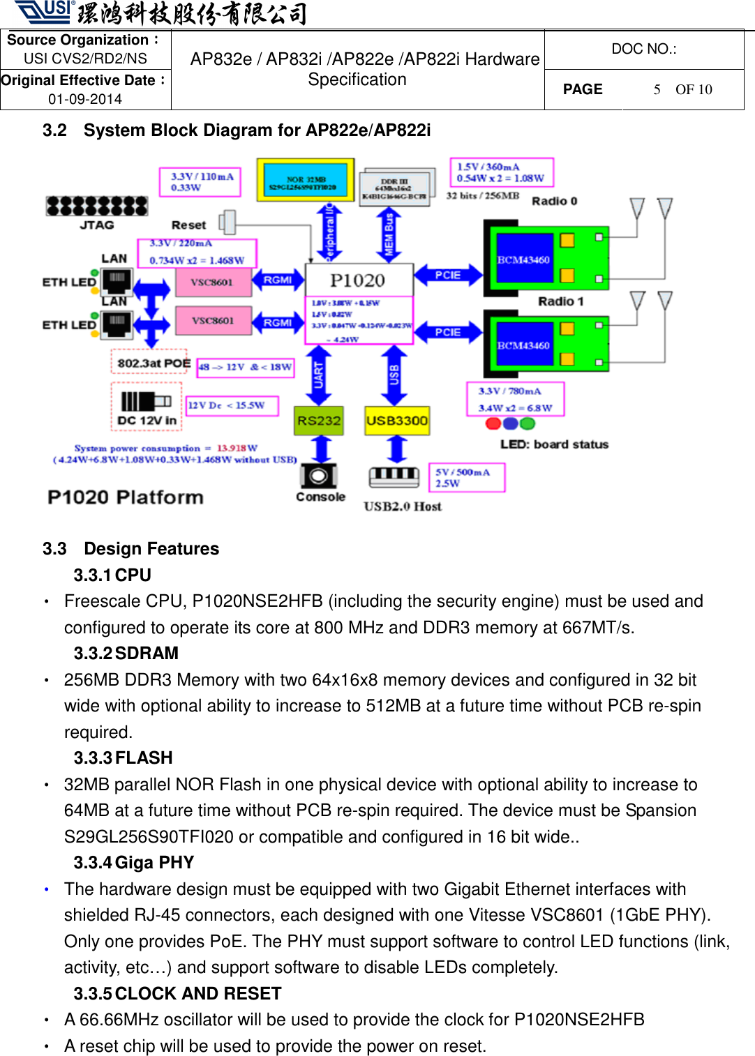   Source Organization：：：： USI CVS2/RD2/NS  DOC NO.: Original Effective Date：：：： 01-09-2014 AP832e / AP832i /AP822e /AP822i Hardware Specification PAGE  5    OF 10   3.2  System Block Diagram for AP822e/AP822i  3.3  Design Features 3.3.1 CPU •  Freescale CPU, P1020NSE2HFB (including the security engine) must be used and configured to operate its core at 800 MHz and DDR3 memory at 667MT/s. 3.3.2 SDRAM •  256MB DDR3 Memory with two 64x16x8 memory devices and configured in 32 bit wide with optional ability to increase to 512MB at a future time without PCB re-spin required. 3.3.3 FLASH •  32MB parallel NOR Flash in one physical device with optional ability to increase to 64MB at a future time without PCB re-spin required. The device must be Spansion S29GL256S90TFI020 or compatible and configured in 16 bit wide.. 3.3.4 Giga PHY • The hardware design must be equipped with two Gigabit Ethernet interfaces with shielded RJ-45 connectors, each designed with one Vitesse VSC8601 (1GbE PHY). Only one provides PoE. The PHY must support software to control LED functions (link, activity, etc…) and support software to disable LEDs completely.     3.3.5 CLOCK AND RESET •  A 66.66MHz oscillator will be used to provide the clock for P1020NSE2HFB •  A reset chip will be used to provide the power on reset. 