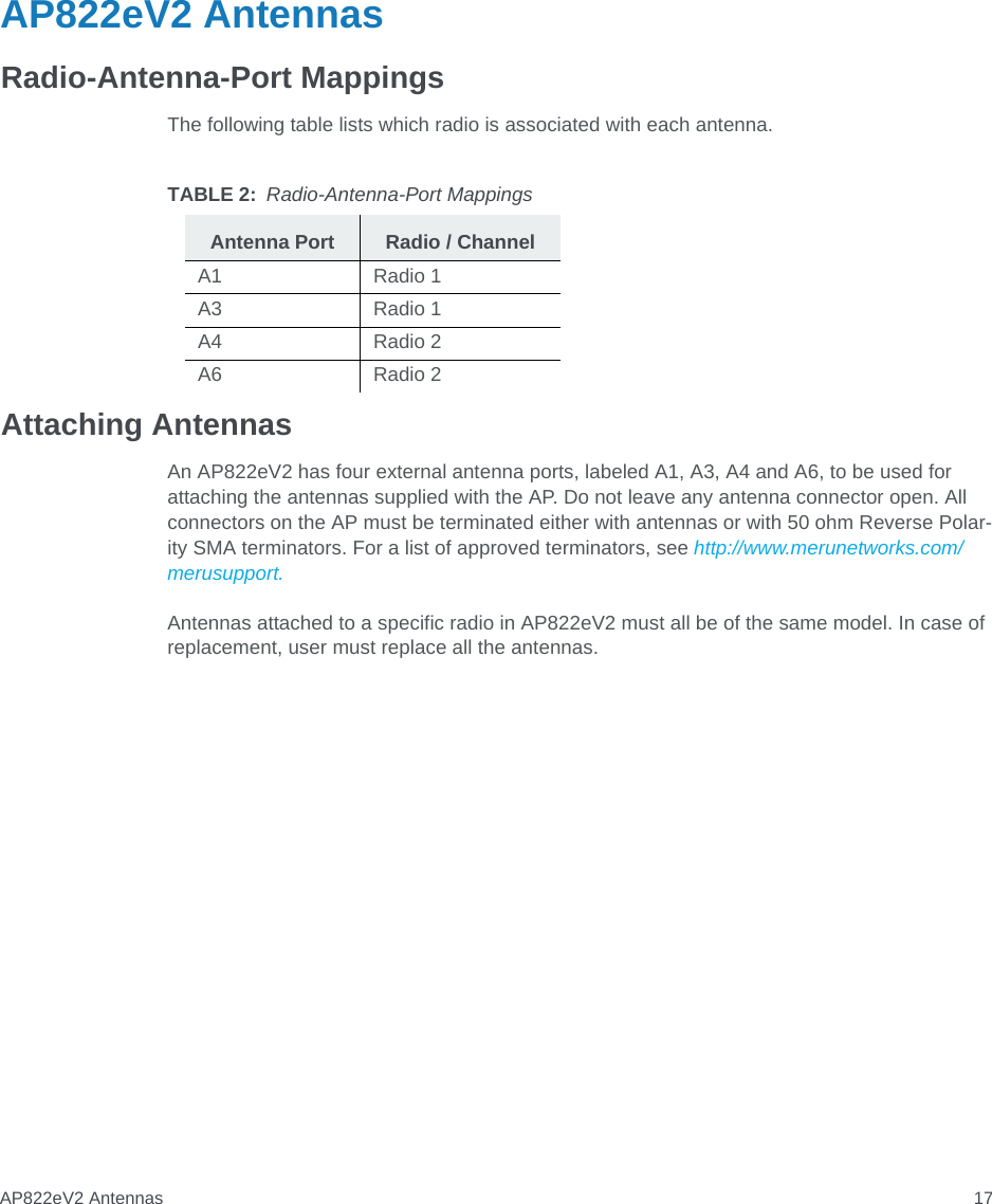 AP822eV2 Antennas 17AP822eV2 AntennasRadio-Antenna-Port MappingsThe following table lists which radio is associated with each antenna.Attaching AntennasAn AP822eV2 has four external antenna ports, labeled A1, A3, A4 and A6, to be used for attaching the antennas supplied with the AP. Do not leave any antenna connector open. All connectors on the AP must be terminated either with antennas or with 50 ohm Reverse Polar-ity SMA terminators. For a list of approved terminators, see http://www.merunetworks.com/merusupport.Antennas attached to a specific radio in AP822eV2 must all be of the same model. In case of replacement, user must replace all the antennas.TABLE 2: Radio-Antenna-Port MappingsAntenna Port Radio / ChannelA1 Radio 1A3 Radio 1A4 Radio 2A6 Radio 2