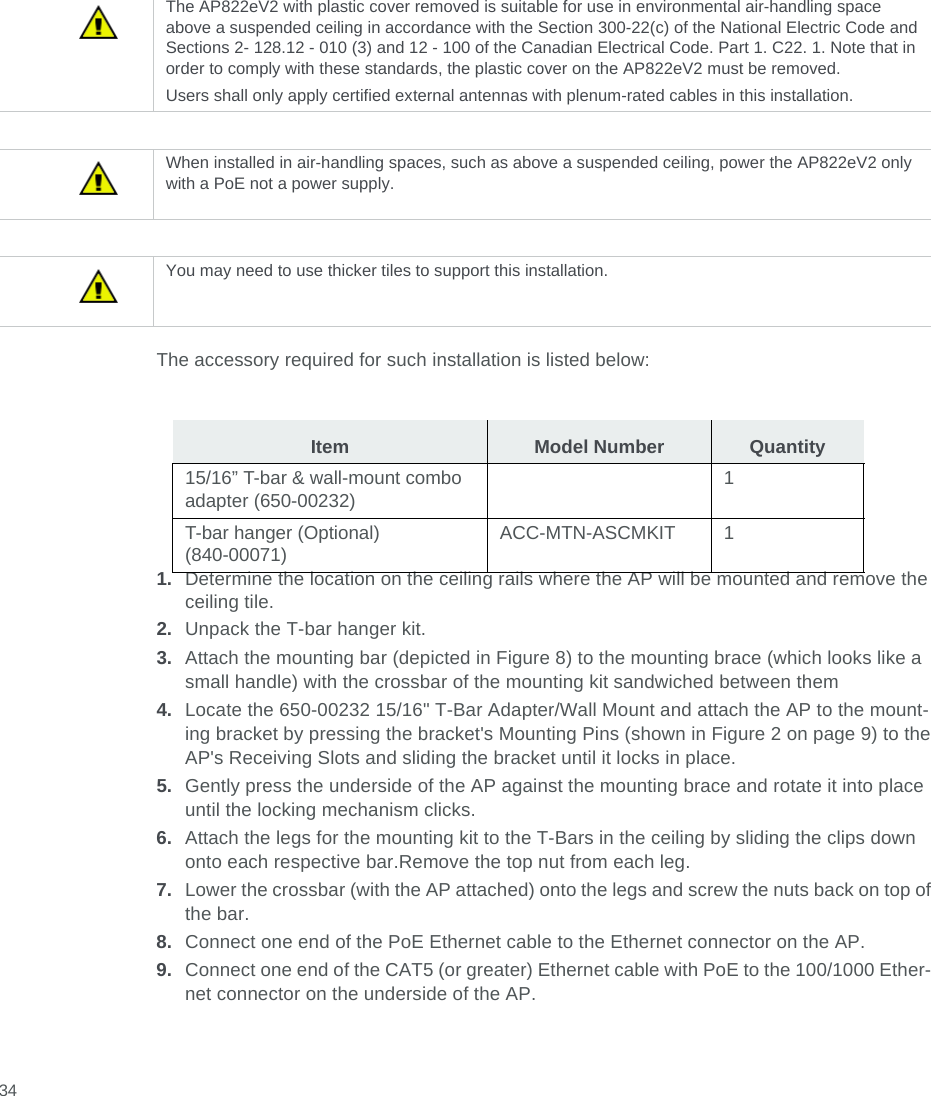  34The accessory required for such installation is listed below:1. Determine the location on the ceiling rails where the AP will be mounted and remove the ceiling tile.2. Unpack the T-bar hanger kit.3. Attach the mounting bar (depicted in Figure 8) to the mounting brace (which looks like a small handle) with the crossbar of the mounting kit sandwiched between them4. Locate the 650-00232 15/16&quot; T-Bar Adapter/Wall Mount and attach the AP to the mount- ing bracket by pressing the bracket&apos;s Mounting Pins (shown in Figure 2 on page 9) to the AP&apos;s Receiving Slots and sliding the bracket until it locks in place.5. Gently press the underside of the AP against the mounting brace and rotate it into place until the locking mechanism clicks.6. Attach the legs for the mounting kit to the T-Bars in the ceiling by sliding the clips down onto each respective bar.Remove the top nut from each leg.7. Lower the crossbar (with the AP attached) onto the legs and screw the nuts back on top of the bar.8. Connect one end of the PoE Ethernet cable to the Ethernet connector on the AP.9. Connect one end of the CAT5 (or greater) Ethernet cable with PoE to the 100/1000 Ether- net connector on the underside of the AP.The AP822eV2 with plastic cover removed is suitable for use in environmental air-handling space above a suspended ceiling in accordance with the Section 300-22(c) of the National Electric Code and Sections 2- 128.12 - 010 (3) and 12 - 100 of the Canadian Electrical Code. Part 1. C22. 1. Note that in order to comply with these standards, the plastic cover on the AP822eV2 must be removed.Users shall only apply certified external antennas with plenum-rated cables in this installation.When installed in air-handling spaces, such as above a suspended ceiling, power the AP822eV2 only with a PoE not a power supply.You may need to use thicker tiles to support this installation.Item Model Number Quantity15/16” T-bar &amp; wall-mount combo adapter (650-00232)1T-bar hanger (Optional) (840-00071)ACC-MTN-ASCMKIT 1