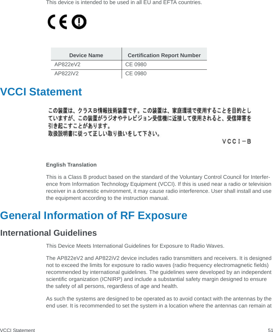 VCCI Statement 51This device is intended to be used in all EU and EFTA countries.VCCI StatementEnglish TranslationThis is a Class B product based on the standard of the Voluntary Control Council for Interfer-ence from Information Technology Equipment (VCCI). If this is used near a radio or television receiver in a domestic environment, it may cause radio interference. User shall install and use the equipment according to the instruction manual.General Information of RF ExposureInternational GuidelinesThis Device Meets International Guidelines for Exposure to Radio Waves.The AP822eV2 and AP822iV2 device includes radio transmitters and receivers. It is designed not to exceed the limits for exposure to radio waves (radio frequency electromagnetic fields) recommended by international guidelines. The guidelines were developed by an independent scientific organization (ICNIRP) and include a substantial safety margin designed to ensure the safety of all persons, regardless of age and health.As such the systems are designed to be operated as to avoid contact with the antennas by the end user. It is recommended to set the system in a location where the antennas can remain at Device Name Certification Report NumberAP822eV2 CE 0980AP822iV2 CE 0980