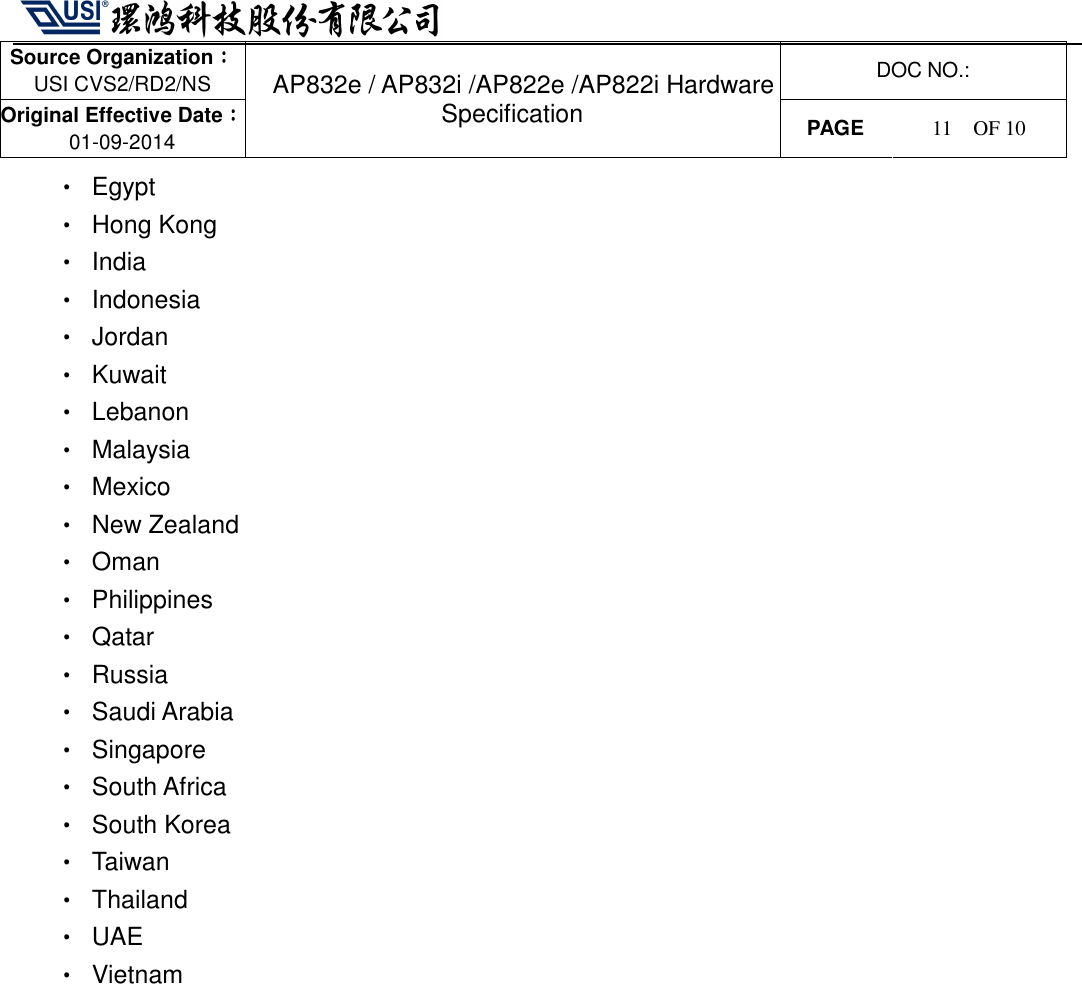   Source Organization：：：： USI CVS2/RD2/NS  DOC NO.: Original Effective Date：：：： 01-09-2014 AP832e / AP832i /AP822e /AP822i Hardware Specification PAGE  11    OF 10   •  Egypt   •  Hong Kong   •  India •  Indonesia •  Jordan •  Kuwait •  Lebanon •  Malaysia •  Mexico •  New Zealand •  Oman •  Philippines •  Qatar •  Russia •  Saudi Arabia •  Singapore •  South Africa •  South Korea •  Taiwan •  Thailand •  UAE •  Vietnam 