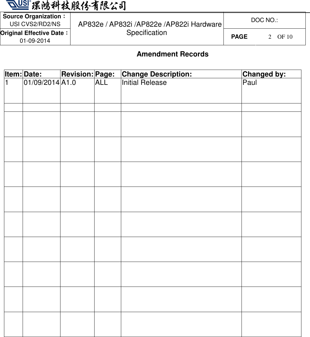   Source Organization：：：： USI CVS2/RD2/NS  DOC NO.: Original Effective Date：：：： 01-09-2014 AP832e / AP832i /AP822e /AP822i Hardware Specification PAGE  2    OF 10     Amendment Records  Item: Date:  Revision: Page:  Change Description:  Changed by: 1   01/09/2014 A1.0  ALL  Initial Release  Paul                                                                                                                                    