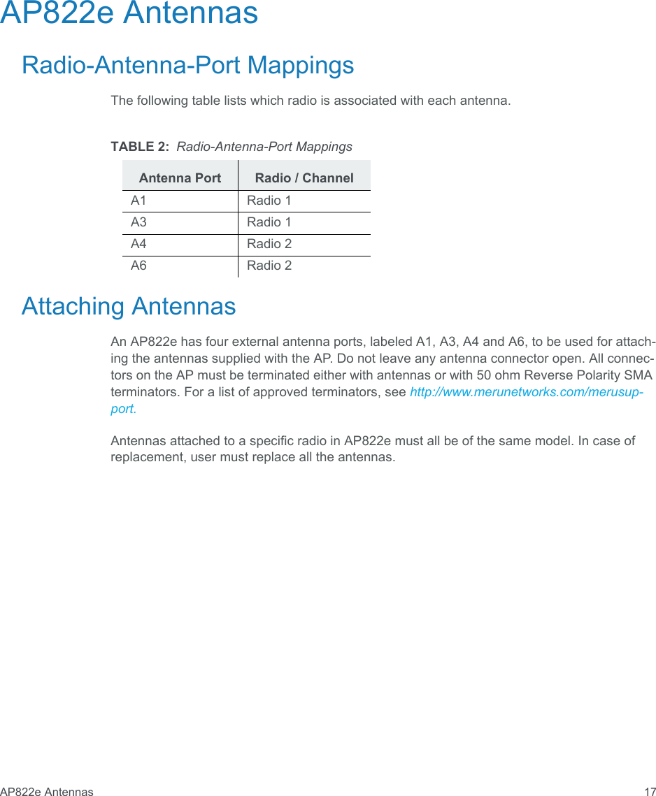 AP822e Antennas 17AP822e AntennasRadio-Antenna-Port MappingsThe following table lists which radio is associated with each antenna.Attaching AntennasAn AP822e has four external antenna ports, labeled A1, A3, A4 and A6, to be used for attach-ing the antennas supplied with the AP. Do not leave any antenna connector open. All connec-tors on the AP must be terminated either with antennas or with 50 ohm Reverse Polarity SMA terminators. For a list of approved terminators, see http://www.merunetworks.com/merusup-port.Antennas attached to a specific radio in AP822e must all be of the same model. In case of replacement, user must replace all the antennas.TABLE 2: Radio-Antenna-Port MappingsAntenna Port Radio / ChannelA1 Radio 1A3 Radio 1A4 Radio 2A6 Radio 2