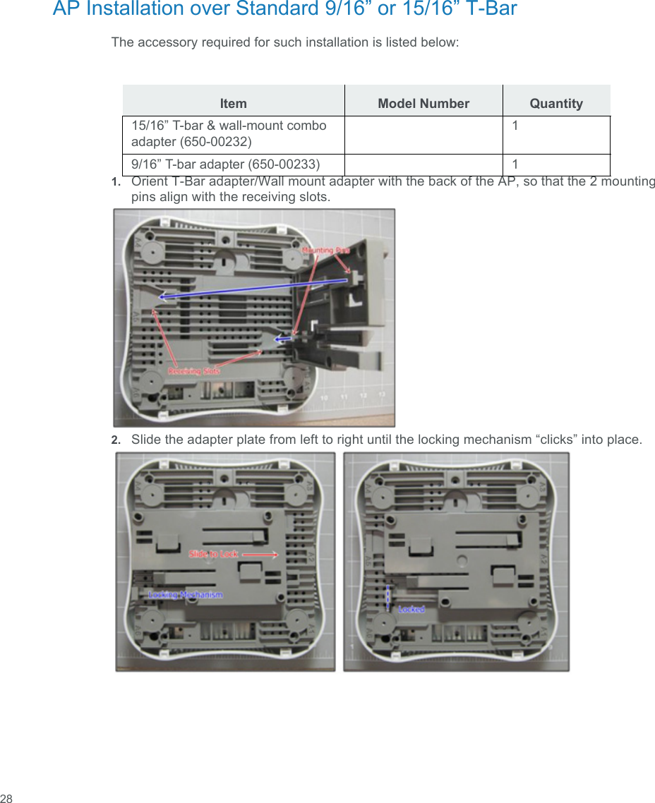  28AP Installation over Standard 9/16” or 15/16” T-BarThe accessory required for such installation is listed below:1. Orient T-Bar adapter/Wall mount adapter with the back of the AP, so that the 2 mounting pins align with the receiving slots.2. Slide the adapter plate from left to right until the locking mechanism “clicks” into place.Item Model Number Quantity15/16” T-bar &amp; wall-mount combo adapter (650-00232)19/16” T-bar adapter (650-00233) 1