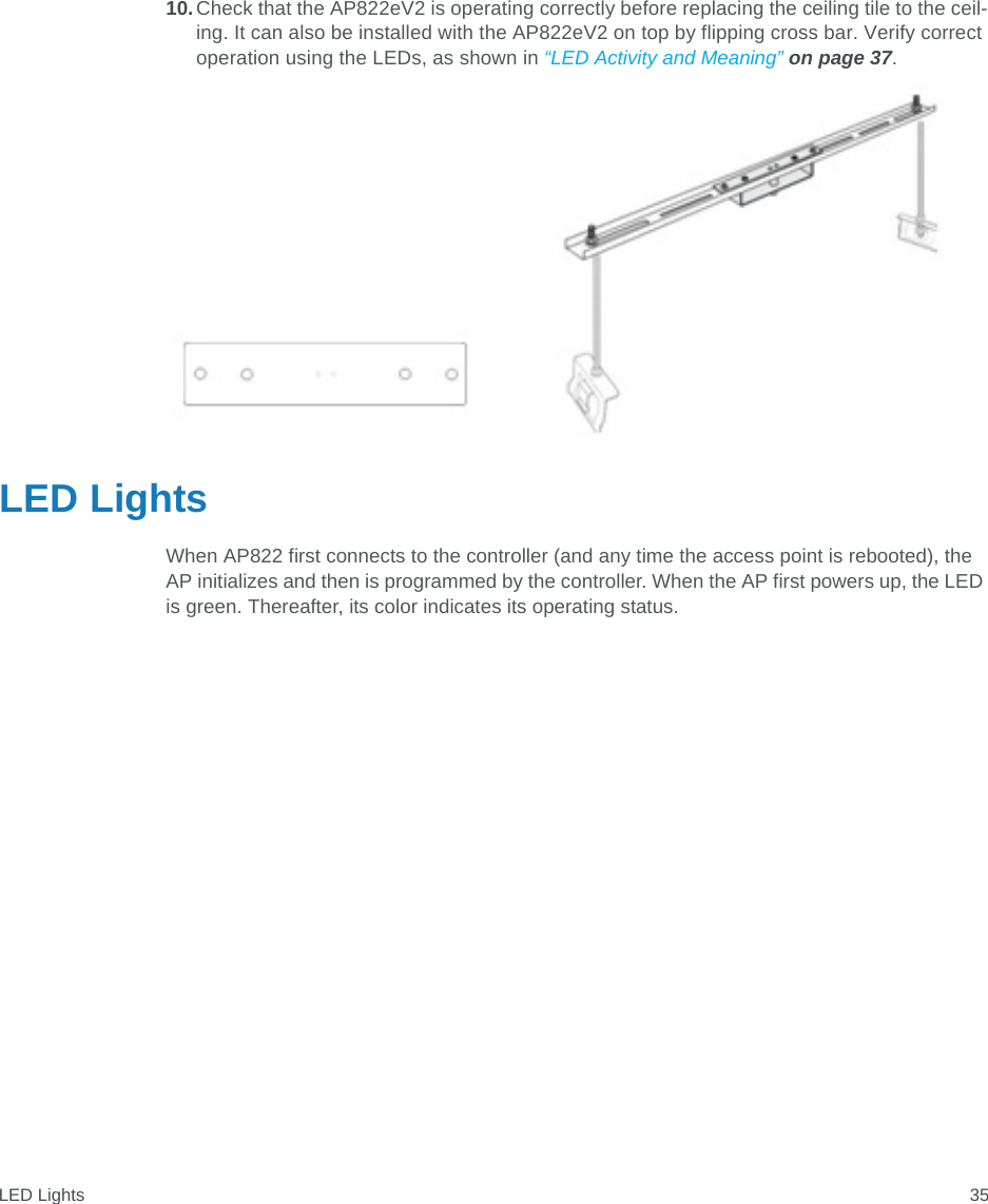 LED Lights 3510.Check that the AP822eV2 is operating correctly before replacing the ceiling tile to the ceil-ing. It can also be installed with the AP822eV2 on top by flipping cross bar. Verify correct operation using the LEDs, as shown in “LED Activity and Meaning” on page 37.LED LightsWhen AP822 first connects to the controller (and any time the access point is rebooted), the AP initializes and then is programmed by the controller. When the AP first powers up, the LED is green. Thereafter, its color indicates its operating status.