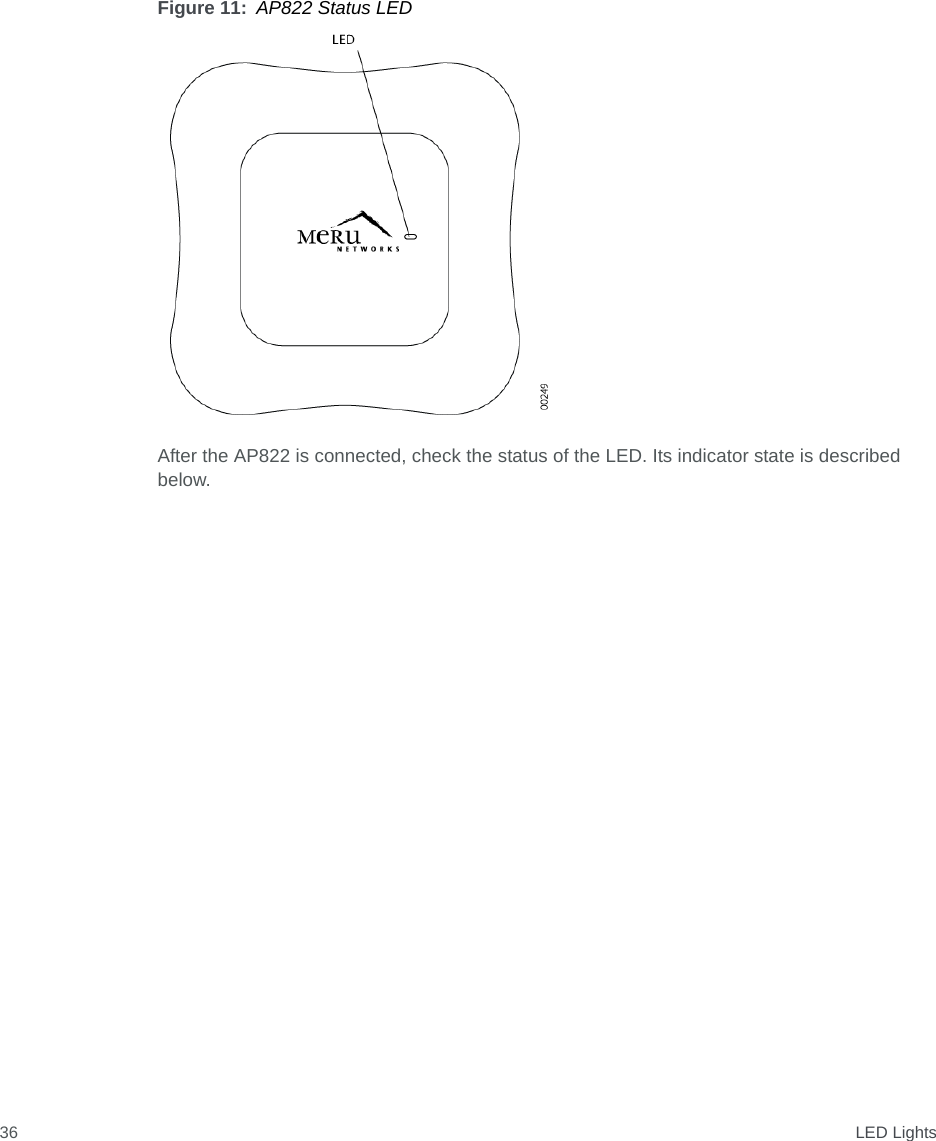  LED Lights36Figure 11: AP822 Status LEDAfter the AP822 is connected, check the status of the LED. Its indicator state is described below.