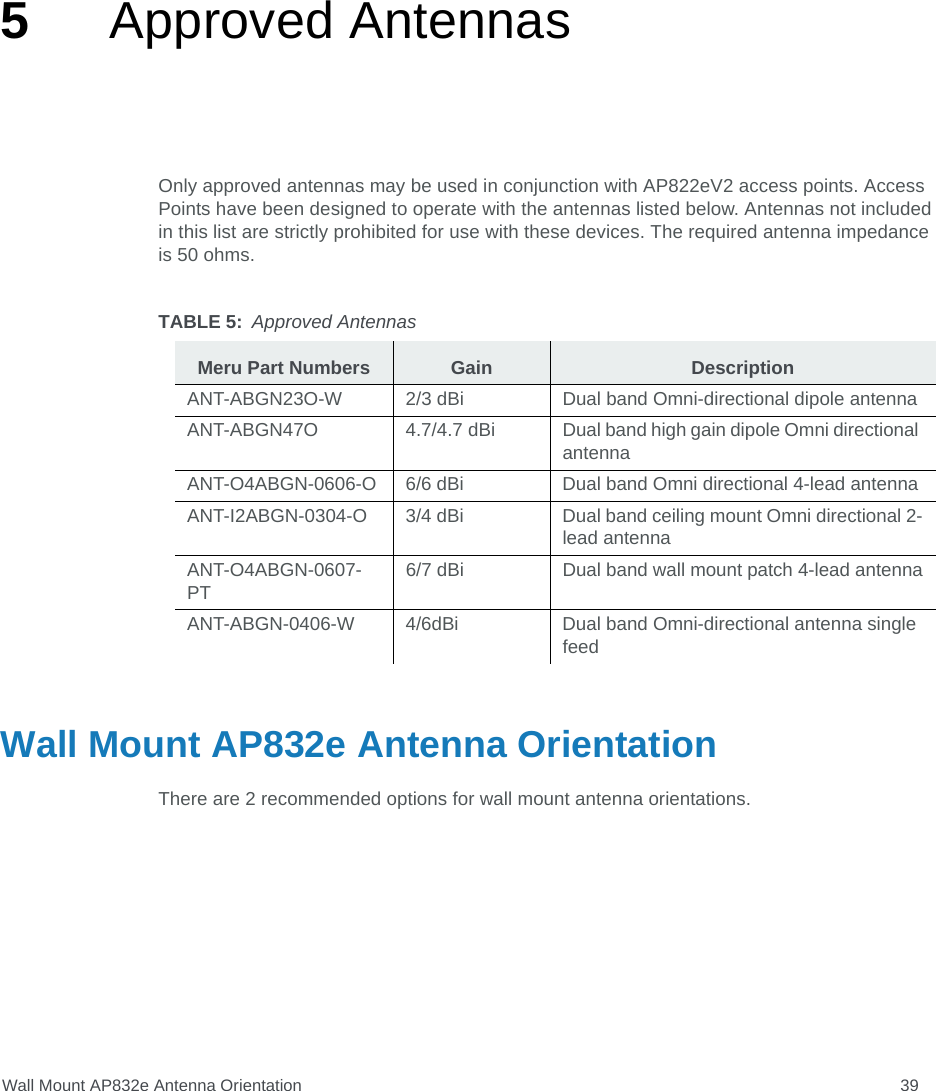 Wall Mount AP832e Antenna Orientation 395Approved AntennasOnly approved antennas may be used in conjunction with AP822eV2 access points. Access Points have been designed to operate with the antennas listed below. Antennas not included in this list are strictly prohibited for use with these devices. The required antenna impedance is 50 ohms.Wall Mount AP832e Antenna Orientation There are 2 recommended options for wall mount antenna orientations.TABLE 5: Approved AntennasMeru Part Numbers Gain DescriptionANT-ABGN23O-W 2/3 dBi Dual band Omni-directional dipole antennaANT-ABGN47O 4.7/4.7 dBi Dual band high gain dipole Omni directional antennaANT-O4ABGN-0606-O 6/6 dBi Dual band Omni directional 4-lead antennaANT-I2ABGN-0304-O 3/4 dBi Dual band ceiling mount Omni directional 2-lead antennaANT-O4ABGN-0607-PT6/7 dBi Dual band wall mount patch 4-lead antennaANT-ABGN-0406-W 4/6dBi Dual band Omni-directional antenna single feed