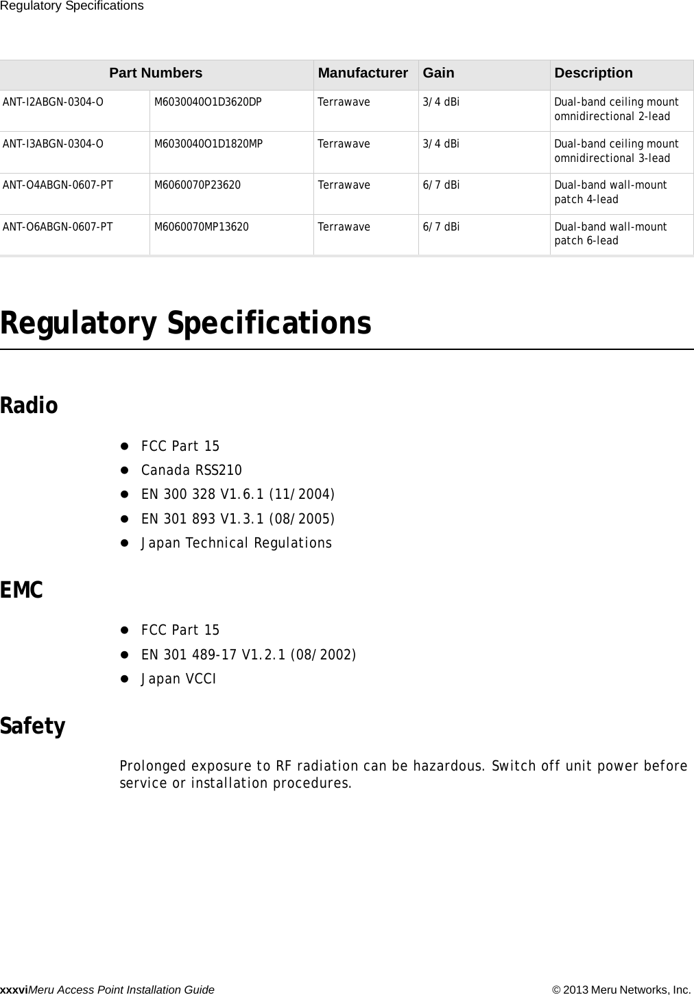 xxxviMeru Access Point Installation Guide © 2013 Meru Networks, Inc. Regulatory Specifications Regulatory SpecificationsRadioFCC Part 15Canada RSS210EN 300 328 V1.6.1 (11/2004)EN 301 893 V1.3.1 (08/2005)Japan Technical RegulationsEMCFCC Part 15EN 301 489-17 V1.2.1 (08/2002)Japan VCCISafetyProlonged exposure to RF radiation can be hazardous. Switch off unit power before service or installation procedures.ANT-I2ABGN-0304-O M6030040O1D3620DP Terrawave 3/4 dBi Dual-band ceiling mount omnidirectional 2-leadANT-I3ABGN-0304-O M6030040O1D1820MP Terrawave 3/4 dBi Dual-band ceiling mount omnidirectional 3-leadANT-O4ABGN-0607-PT M6060070P23620 Terrawave 6/7 dBi Dual-band wall-mount patch 4-leadANT-O6ABGN-0607-PT M6060070MP13620 Terrawave 6/7 dBi Dual-band wall-mount patch 6-leadPart Numbers Manufacturer Gain Description