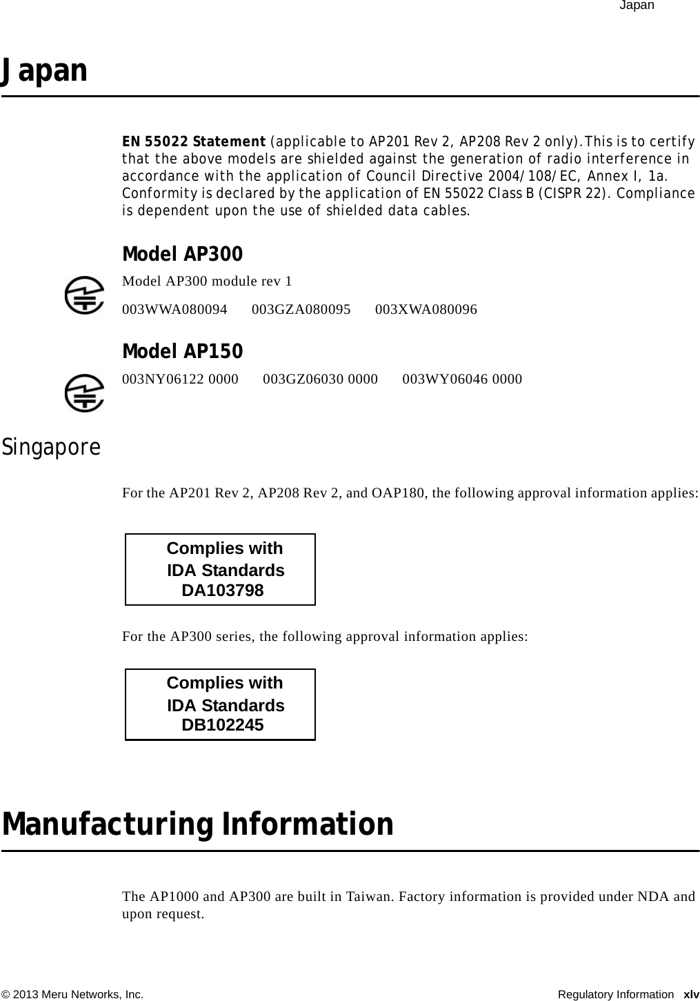  Japan © 2013 Meru Networks, Inc. Regulatory Information xlvJapanEN 55022 Statement (applicable to AP201 Rev 2, AP208 Rev 2 only).This is to certify that the above models are shielded against the generation of radio interference in accordance with the application of Council Directive 2004/108/EC, Annex I, 1a. Conformity is declared by the application of EN 55022 Class B (CISPR 22). Compliance is dependent upon the use of shielded data cables.Model AP300Model AP150 SingaporeFor the AP201 Rev 2, AP208 Rev 2, and OAP180, the following approval information applies:For the AP300 series, the following approval information applies:Manufacturing InformationThe AP1000 and AP300 are built in Taiwan. Factory information is provided under NDA and upon request.Model AP300 module rev 1 003WWA080094 003GZA080095 003XWA080096003NY06122 0000      003GZ06030 0000      003WY06046 0000           DA103798        IDA Standards       Complies with           DB102245        IDA Standards       Complies with