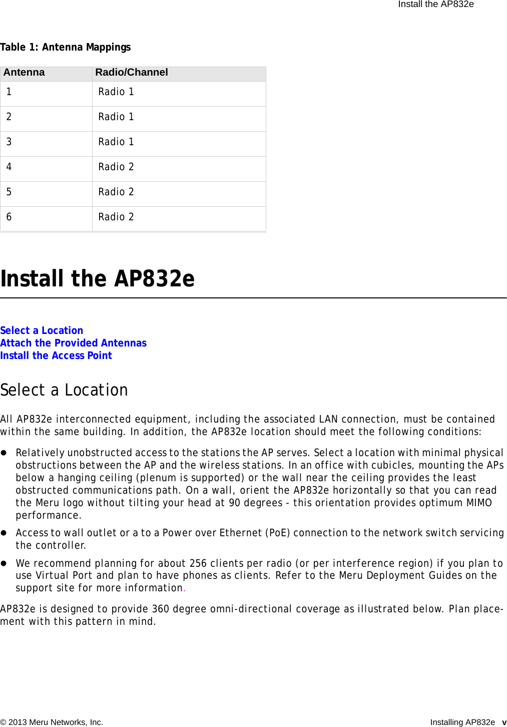  Install the AP832e © 2013 Meru Networks, Inc. Installing AP832e v Table 1: Antenna MappingsInstall the AP832eSelect a LocationAttach the Provided AntennasInstall the Access PointSelect a LocationAll AP832e interconnected equipment, including the associated LAN connection, must be contained within the same building. In addition, the AP832e location should meet the following conditions:Relatively unobstructed access to the stations the AP serves. Select a location with minimal physical obstructions between the AP and the wireless stations. In an office with cubicles, mounting the APs below a hanging ceiling (plenum is supported) or the wall near the ceiling provides the least obstructed communications path. On a wall, orient the AP832e horizontally so that you can read the Meru logo without tilting your head at 90 degrees - this orientation provides optimum MIMO performance. Access to wall outlet or a to a Power over Ethernet (PoE) connection to the network switch servicing the controller. We recommend planning for about 256 clients per radio (or per interference region) if you plan to use Virtual Port and plan to have phones as clients. Refer to the Meru Deployment Guides on the support site for more information.AP832e is designed to provide 360 degree omni-directional coverage as illustrated below. Plan place-ment with this pattern in mind. Antenna Radio/Channel1Radio 12Radio 13Radio 14Radio 25Radio 26Radio 2